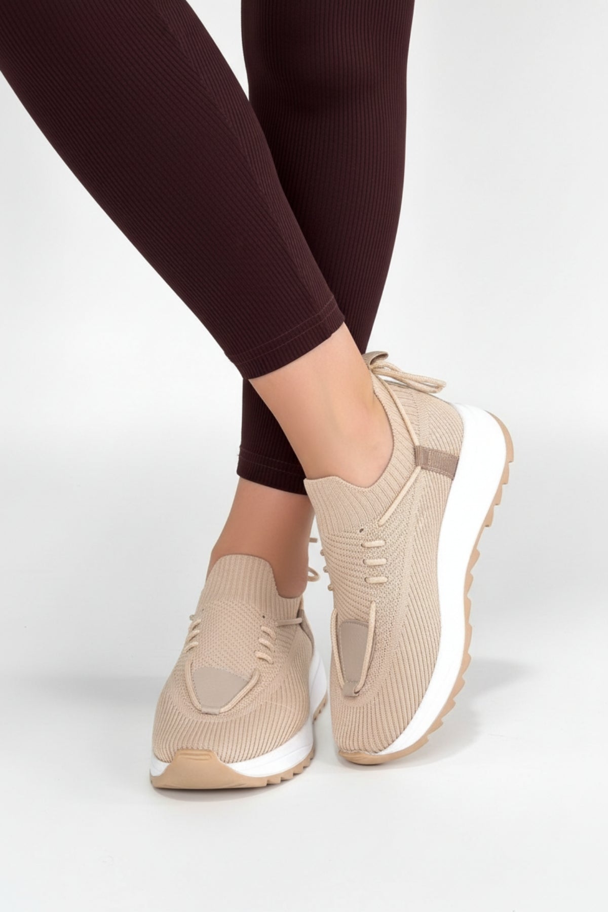 Renji Kadın Bej Triko Bağcıklı Spor Ayakkabı