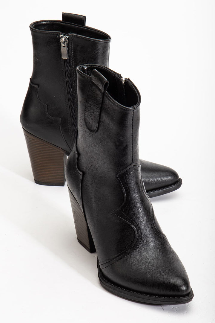 Sunver Siyah Kovboy Dikiş Detaylı Fermuarlı  Yüksek Topuklu Kadın Bot
