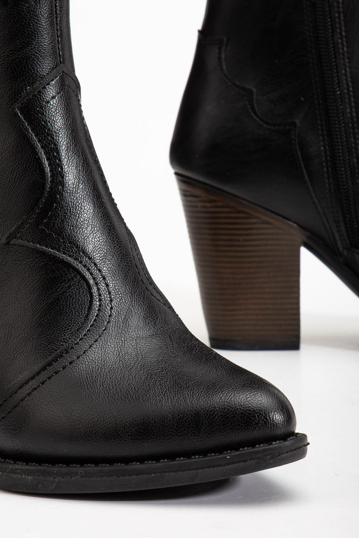 Sunver Siyah Kovboy Dikiş Detaylı Fermuarlı  Yüksek Topuklu Kadın Bot