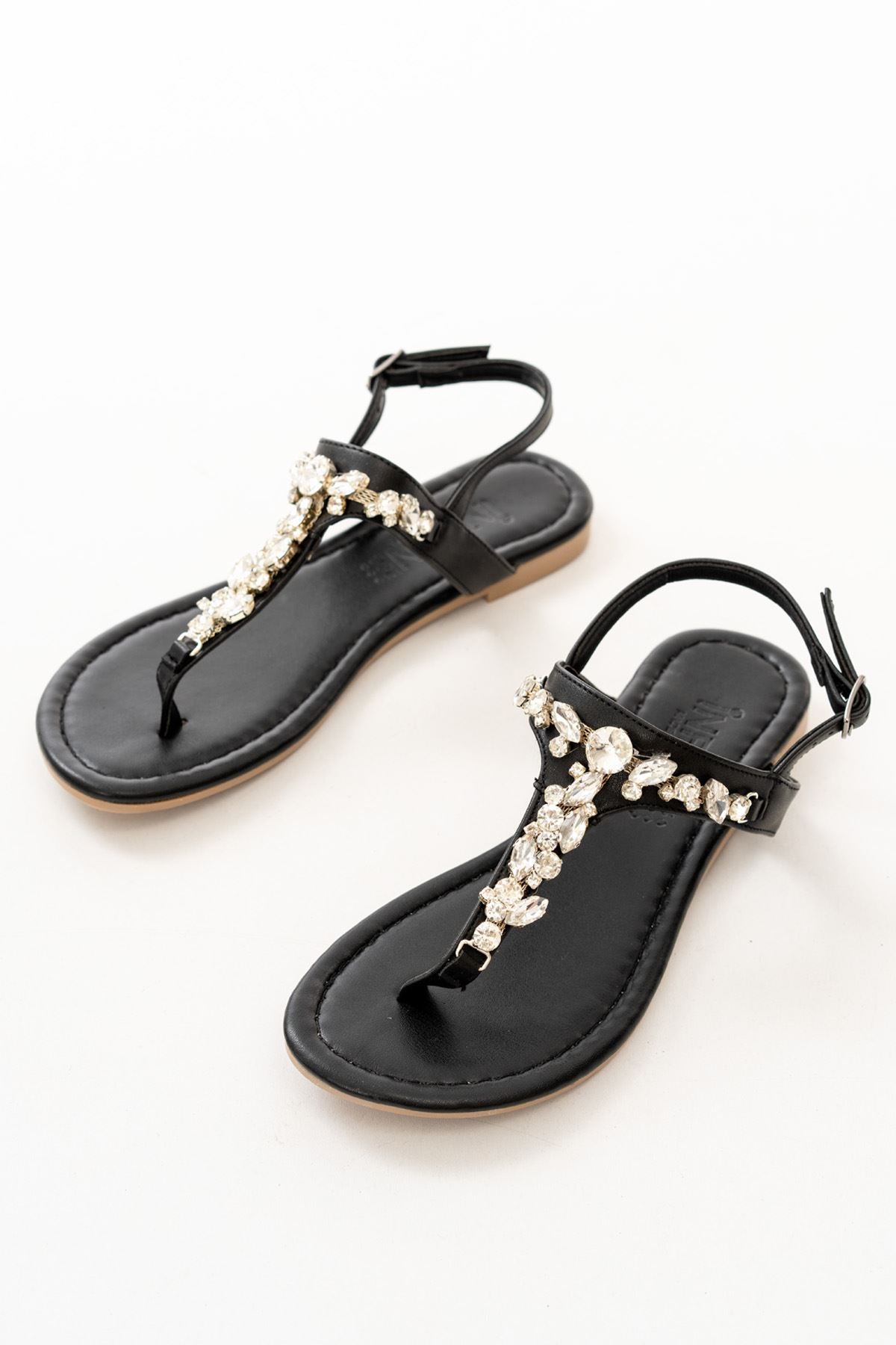 Bolvans Siyah Gümüş Taşlı Parmak Arası Kadın Sandalet