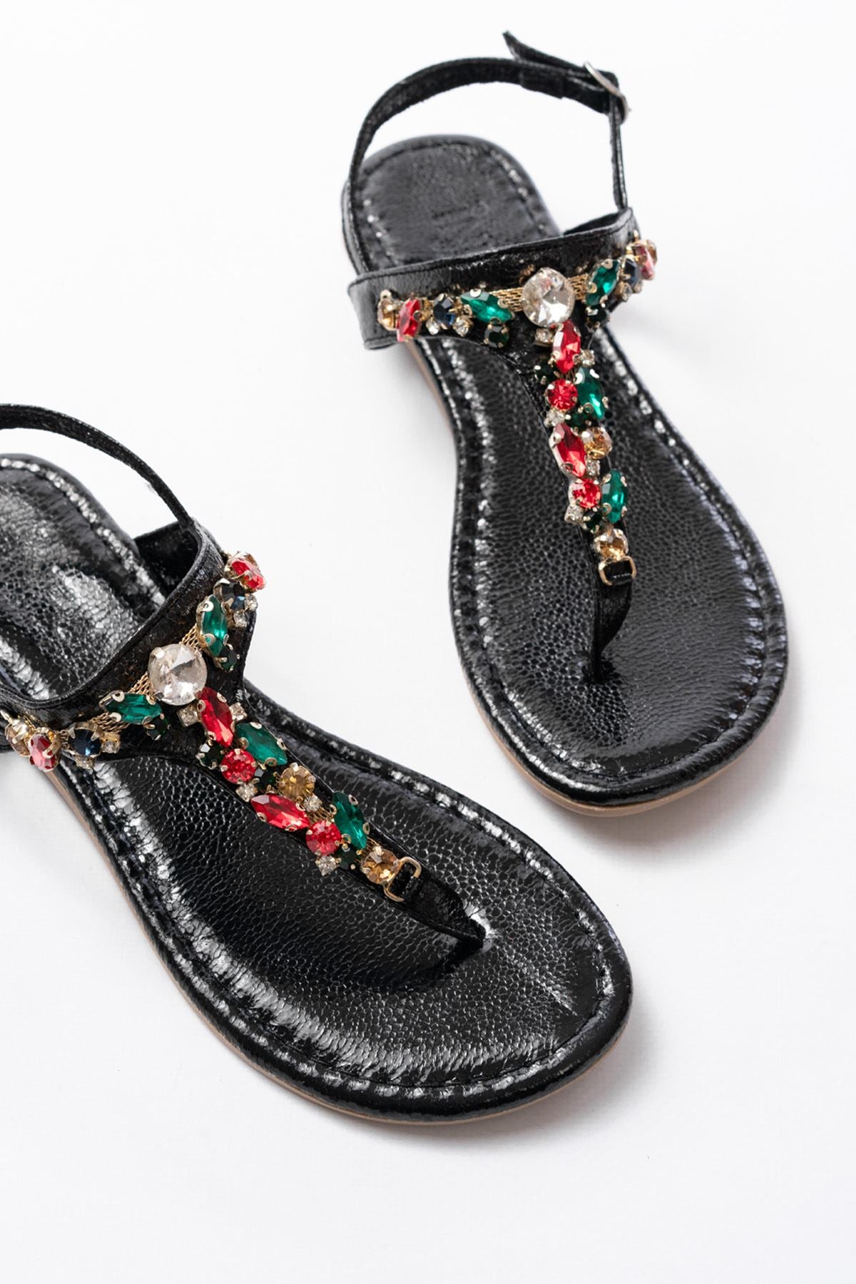 Bolvans Siyah Multi Cam Kırığı Taşlı Parmak Arası Kadın Sandalet