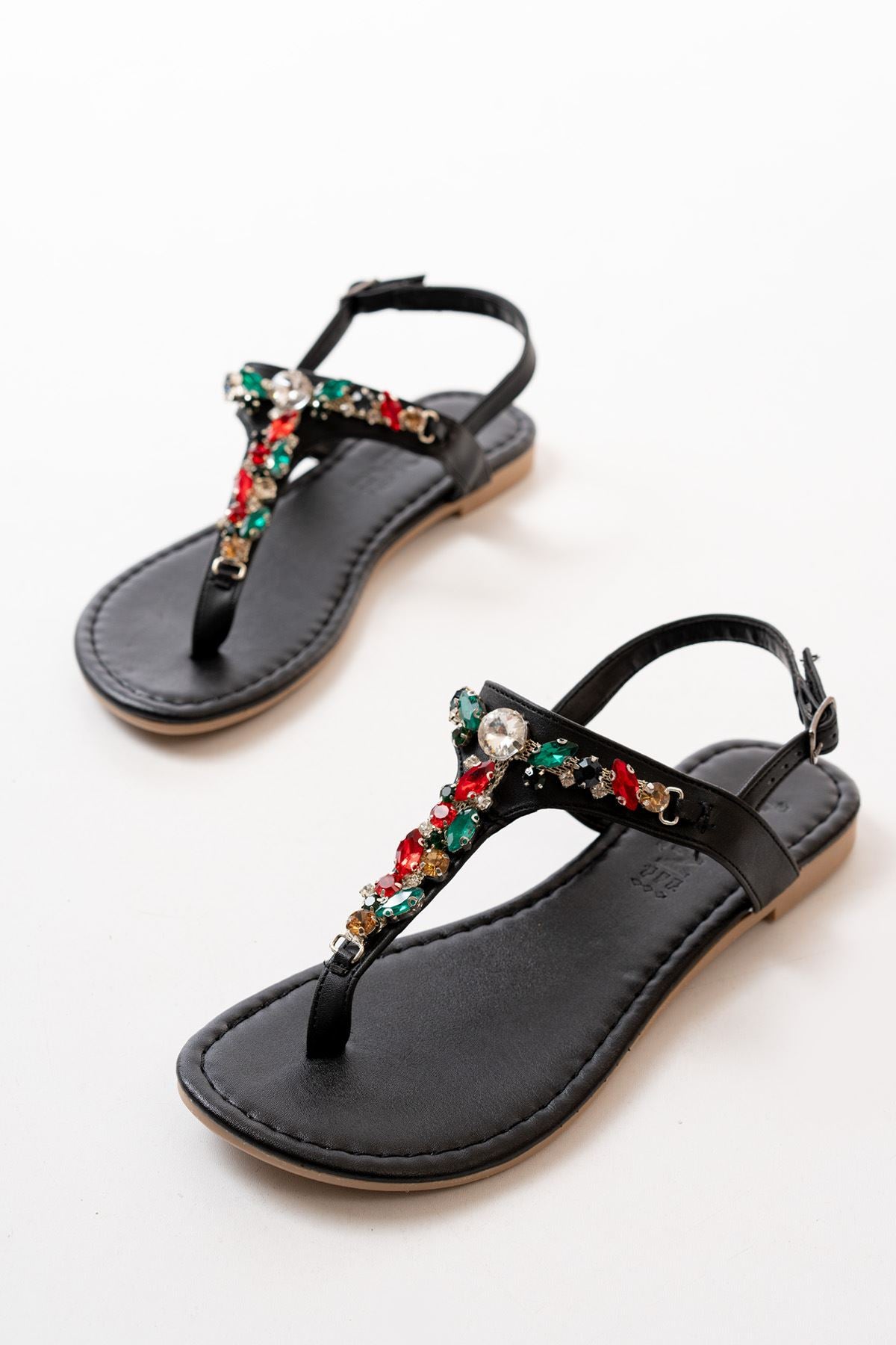Bolvans Siyah Multi Taşlı Parmak Arası Kadın Sandalet