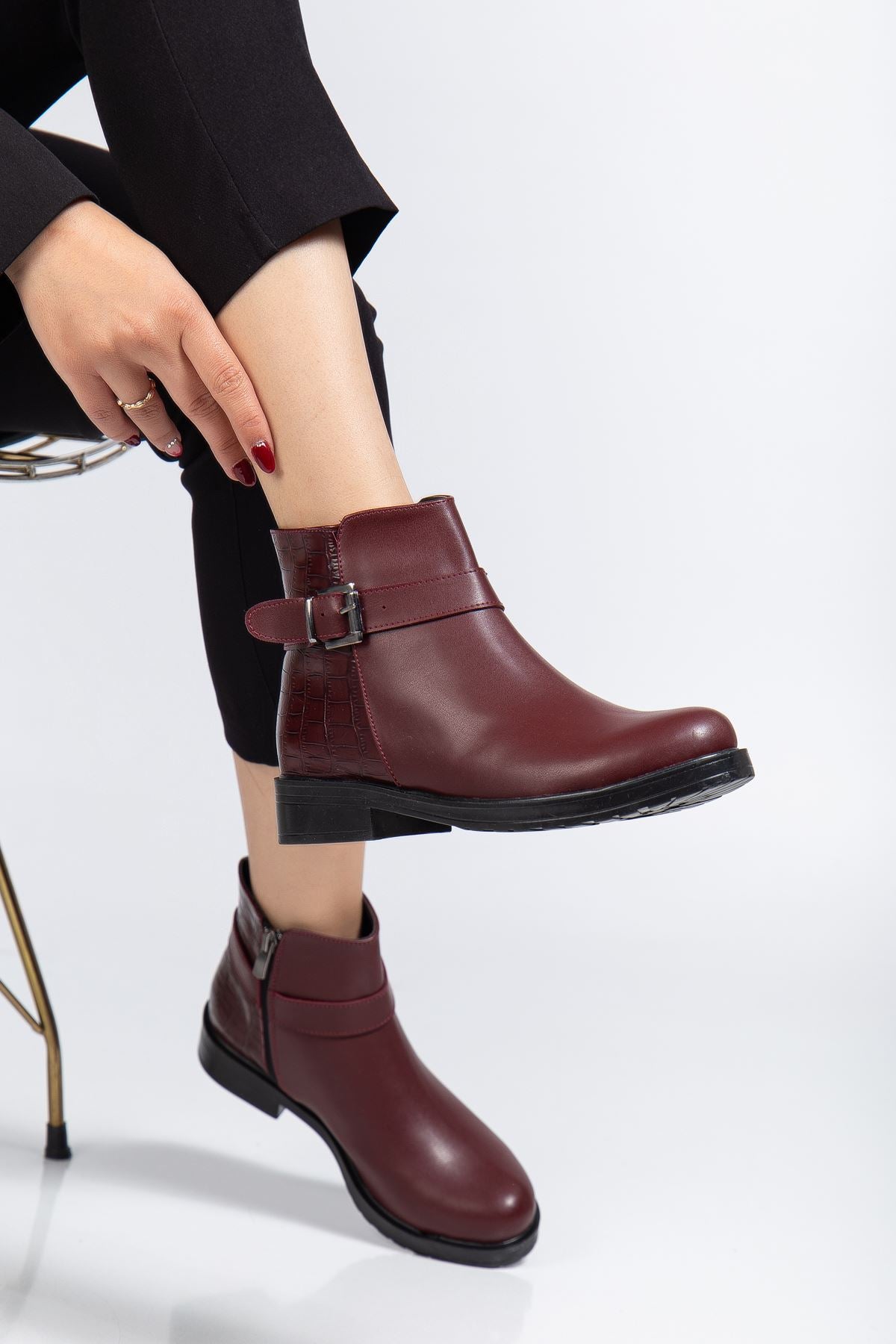 Alena Bordo Kroko Toka Aksesuarlı Fermuarlı Kadın Bot