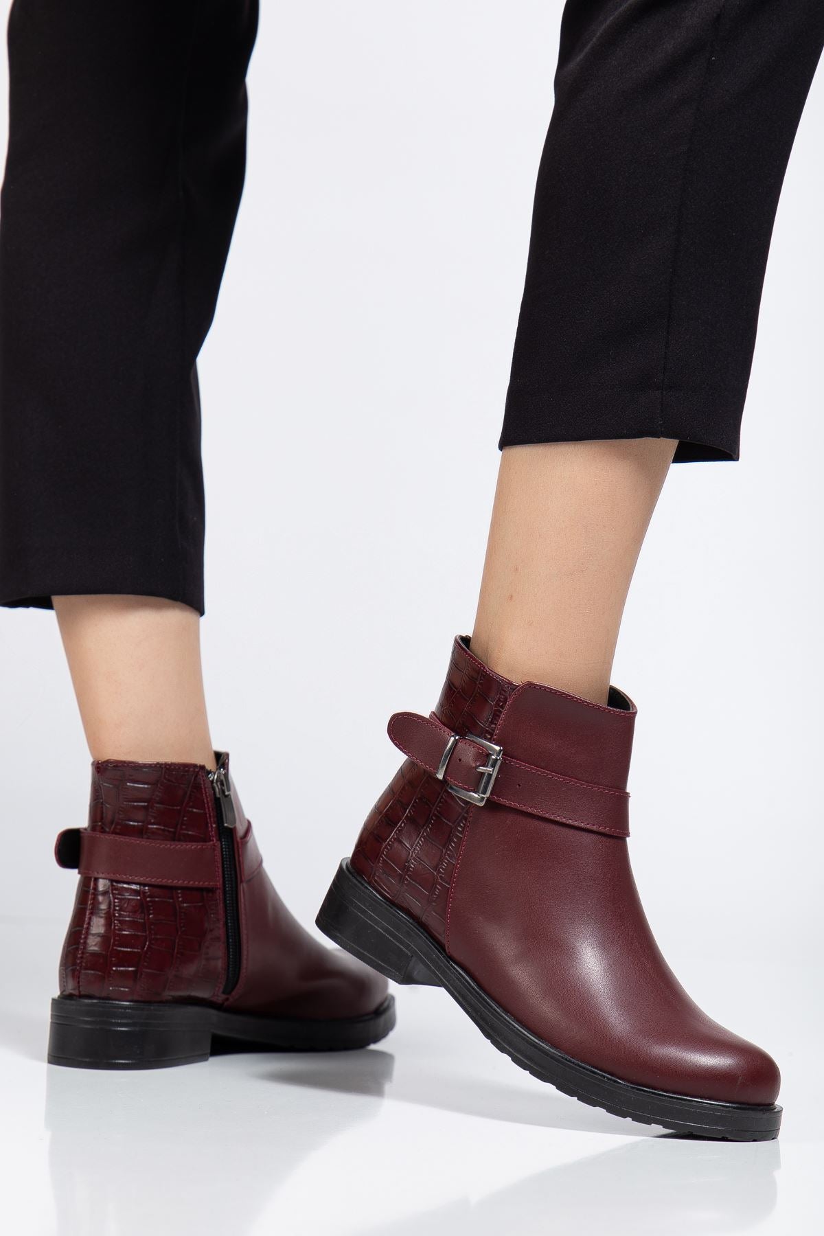 Alena Bordo Kroko Toka Aksesuarlı Fermuarlı Kadın Bot