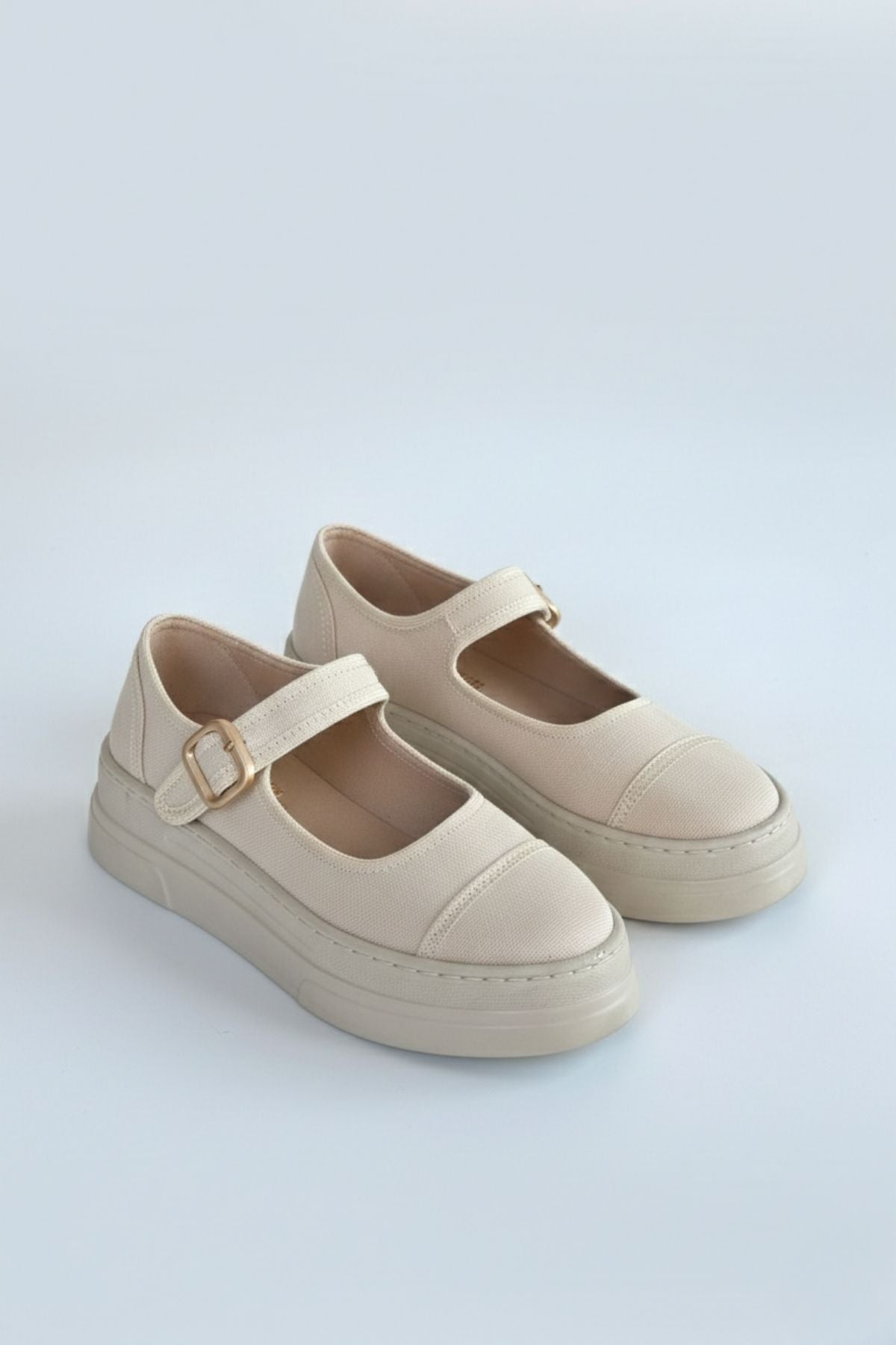 Lunni Kadın Bej Keten Bantlı Babet Ayakkabı
