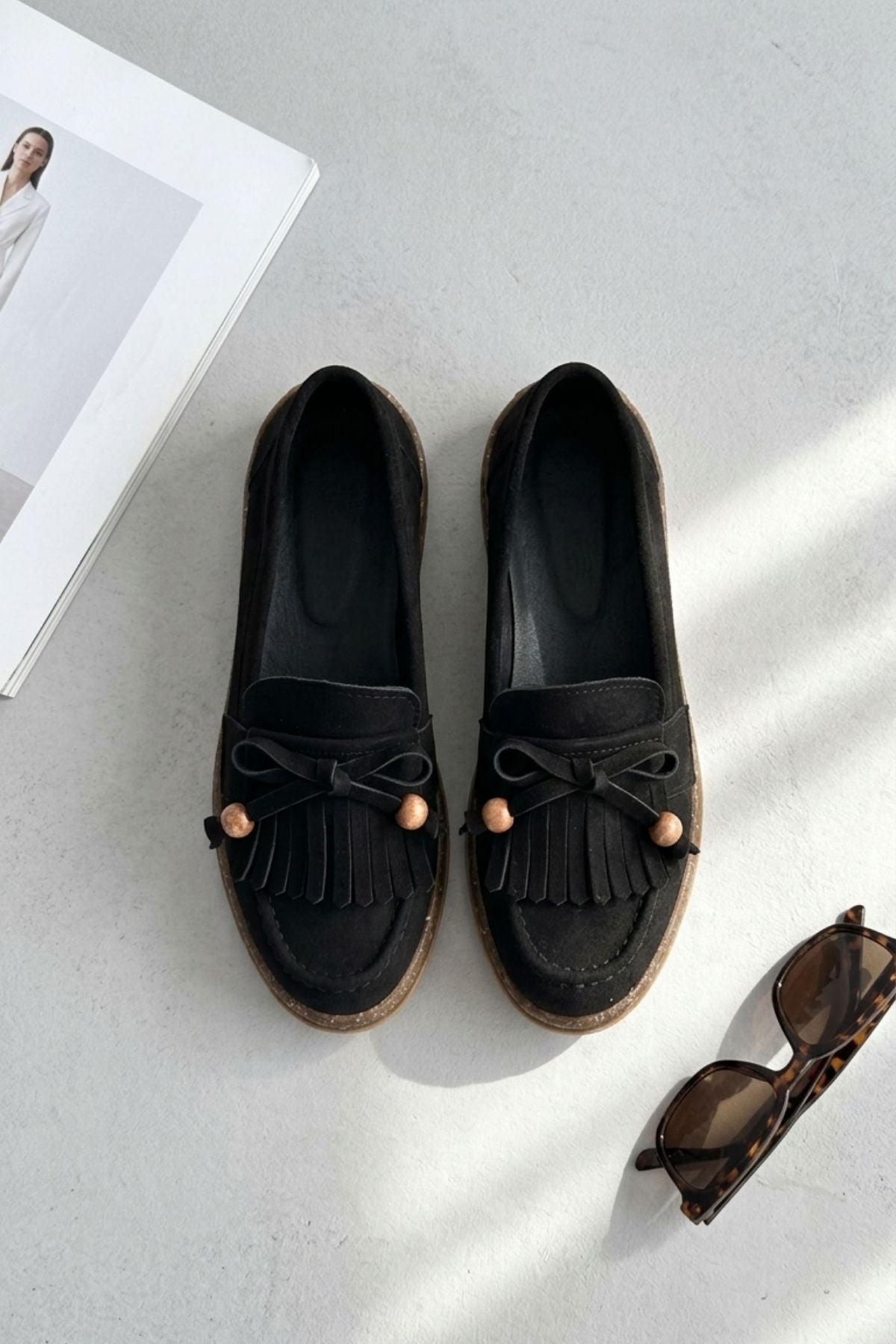 Boriy Kadın Siyah Deri Tozu Süet Babet Ayakkabı