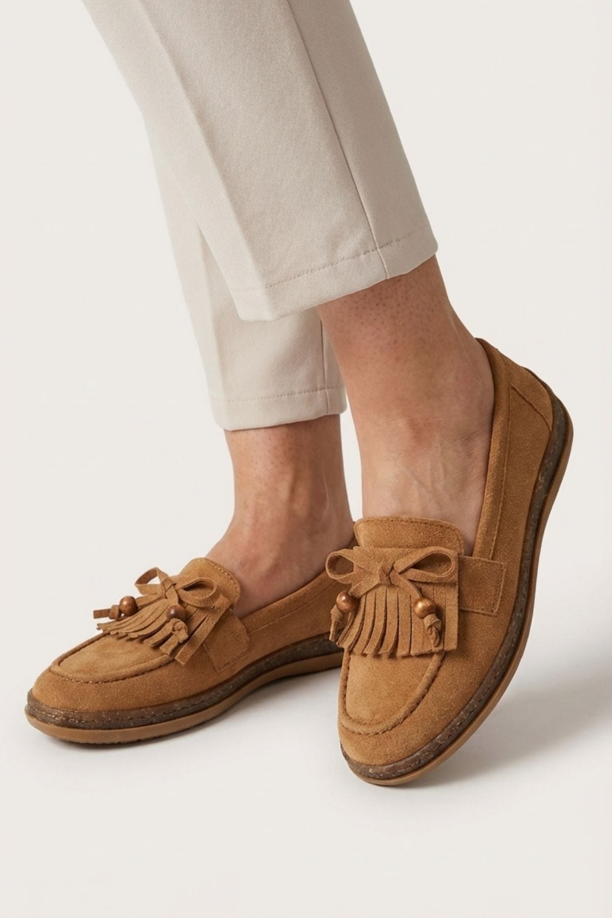 Boriy Kadın Taba Deri Tozu Süet Babet Ayakkabı