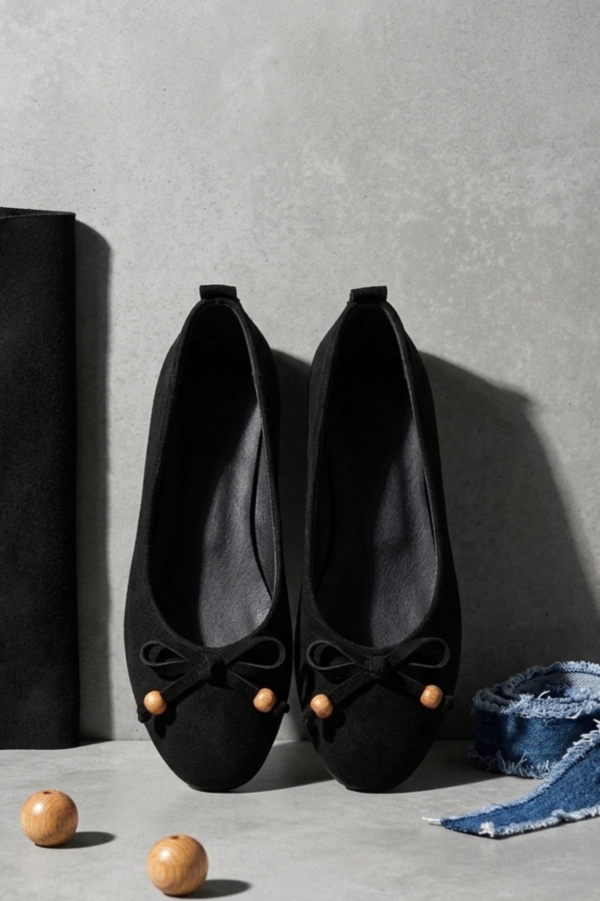 Cear Kadın Siyah Deri Tozu Süet Babet Ayakkabı