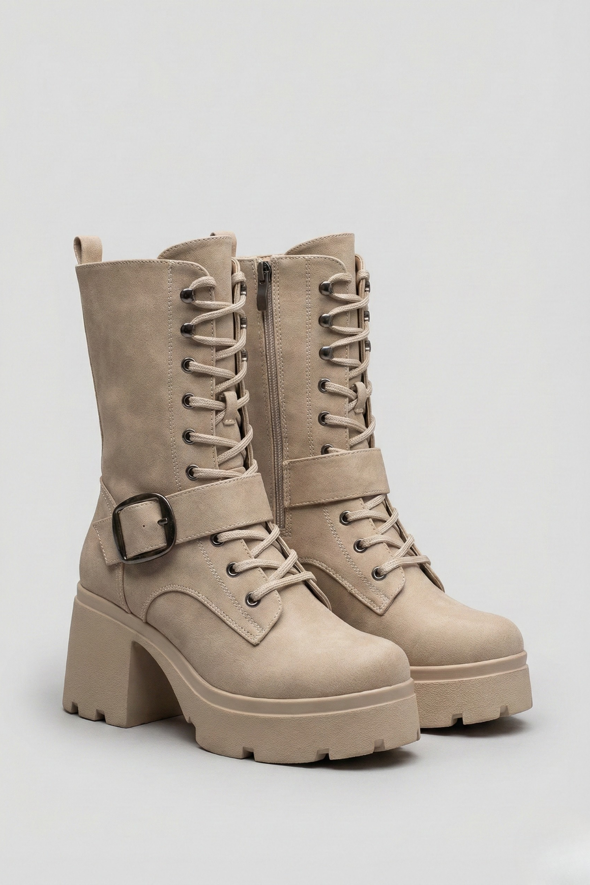 Linma Kadın Bej Nubuk Bağcıklı Tokalı Topuklu Bot