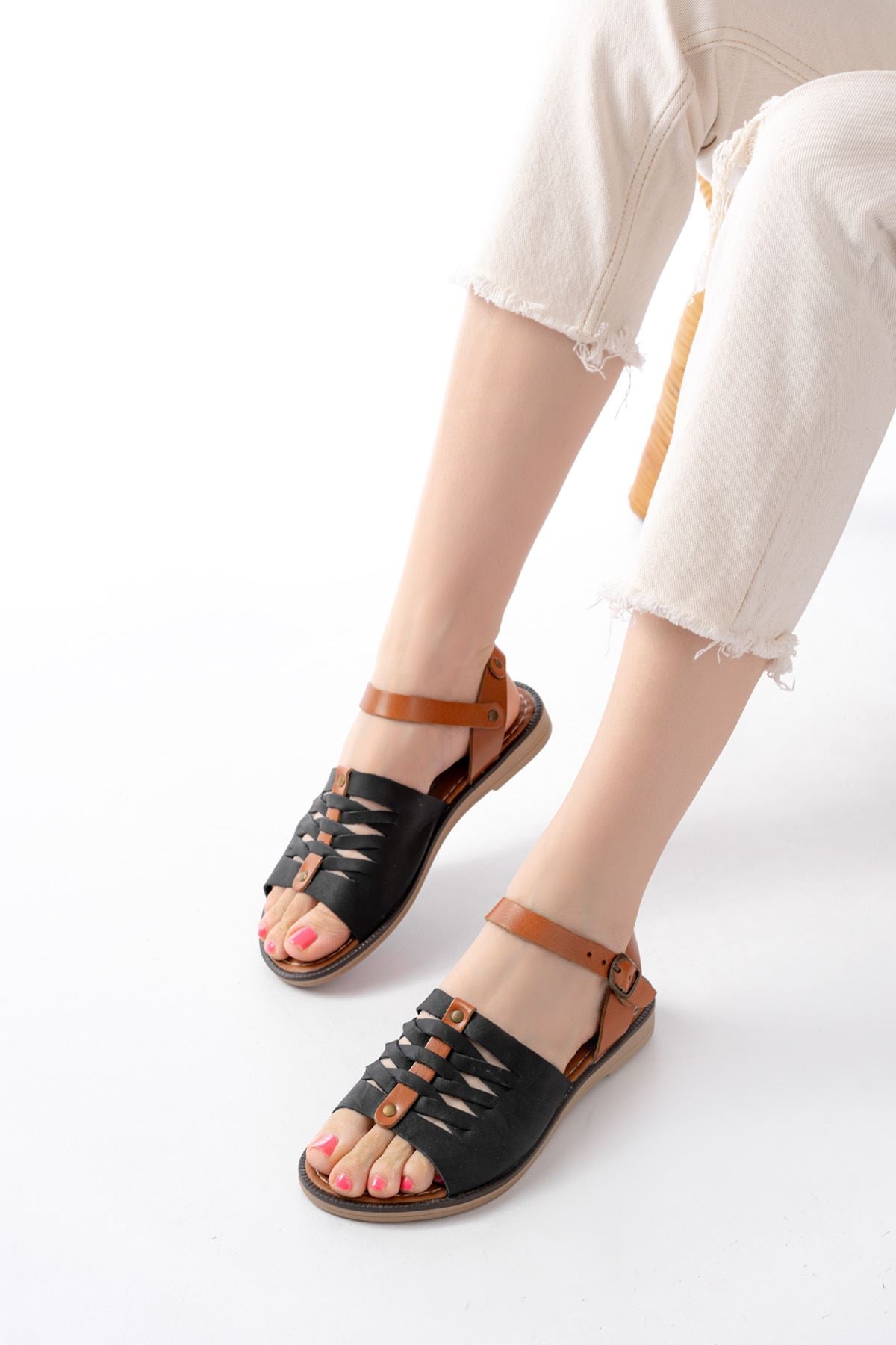 Cynikar Siyah Hakiki Deri Kadın Sandalet