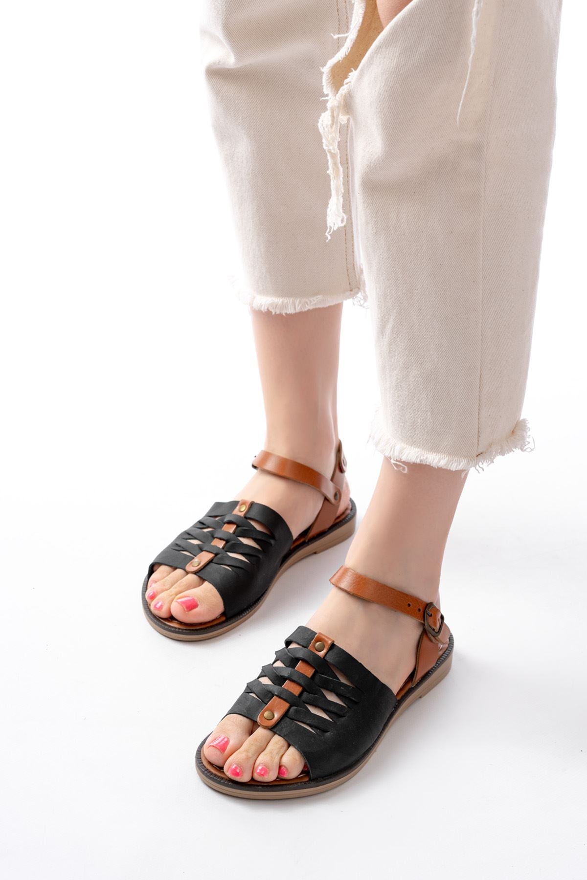 Cynikar Siyah Hakiki Deri Kadın Sandalet