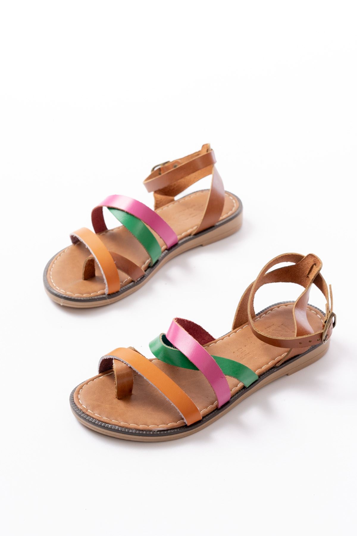 Monela Turuncu Multi Hakiki Deri Tokalı Parmak Arası Kadın Sandalet