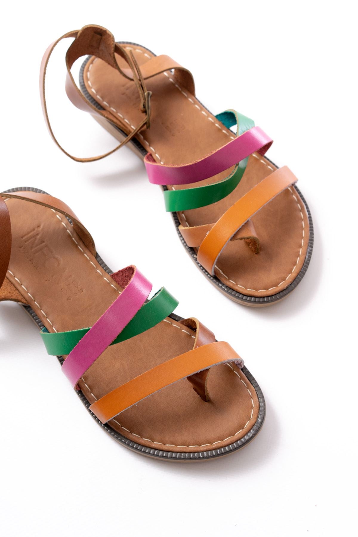 Monela Turuncu Multi Hakiki Deri Tokalı Parmak Arası Kadın Sandalet