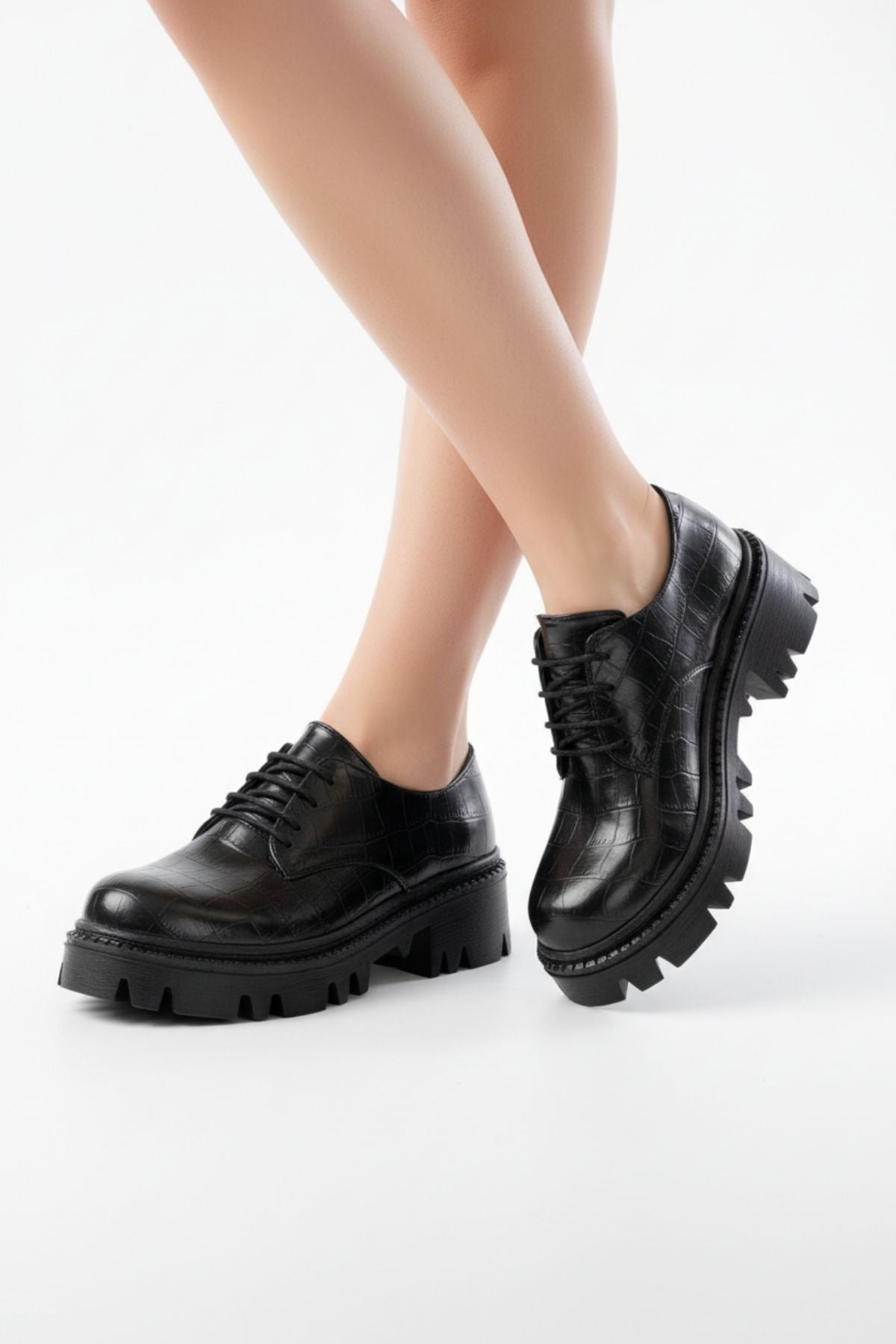 Apsely Siyah Kroko Bağcıklı Günlük Yüksek Tabanlı Loafer Ayakkabı
