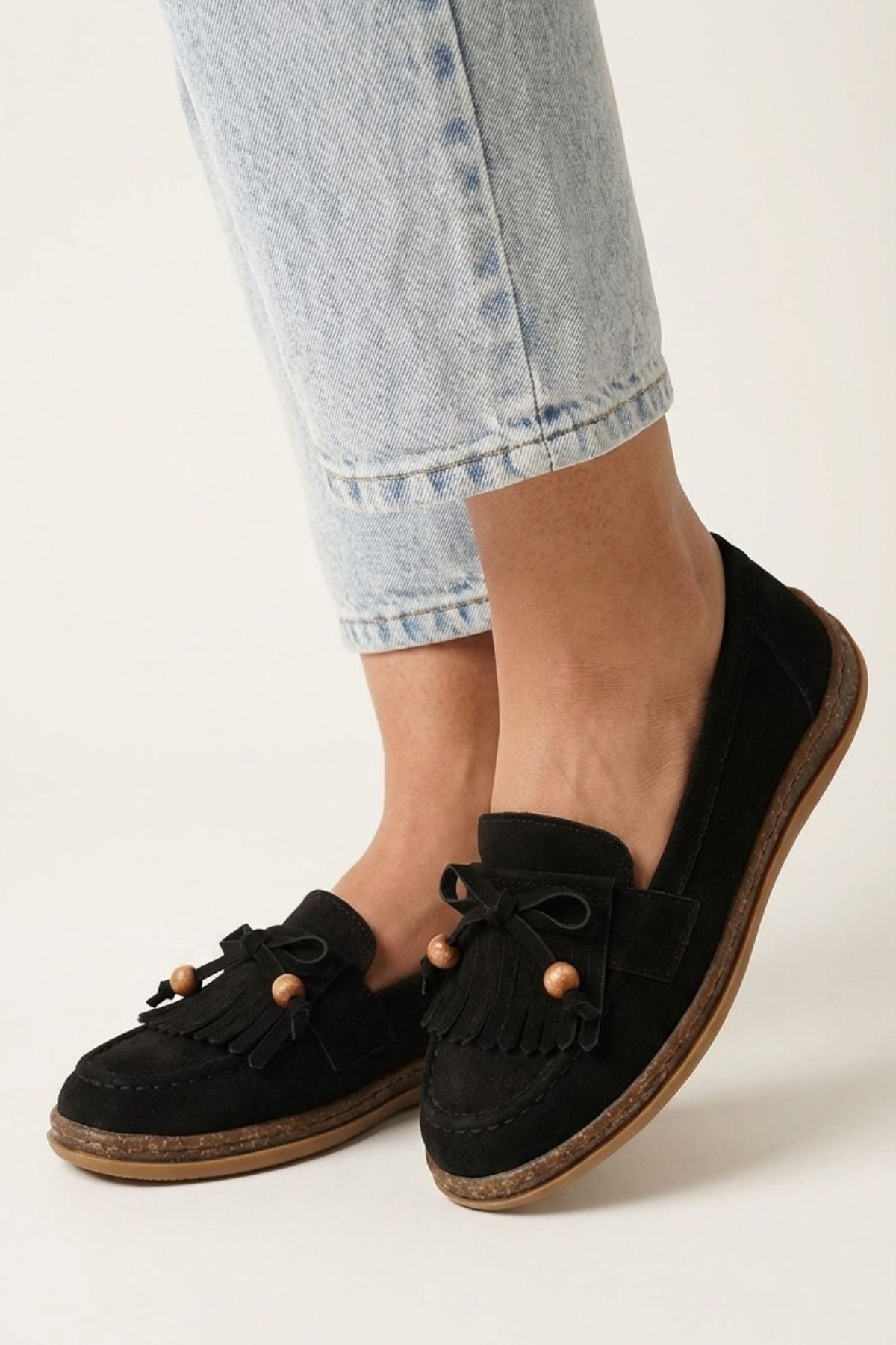 Boriy Kadın Siyah Deri Tozu Süet Babet Ayakkabı