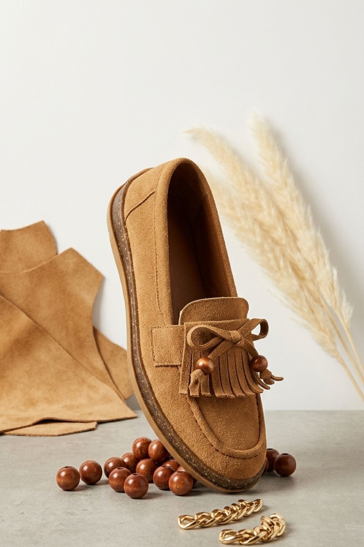 Boriy Kadın Taba Deri Tozu Süet Babet Ayakkabı