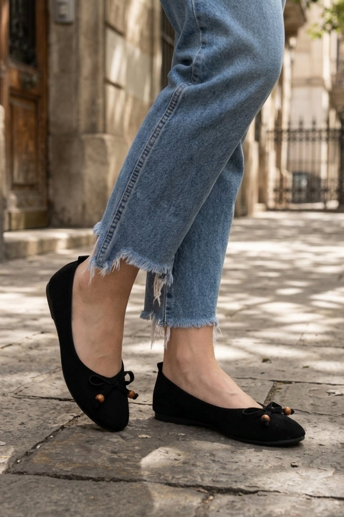 Cear Kadın Siyah Deri Tozu Süet Babet Ayakkabı