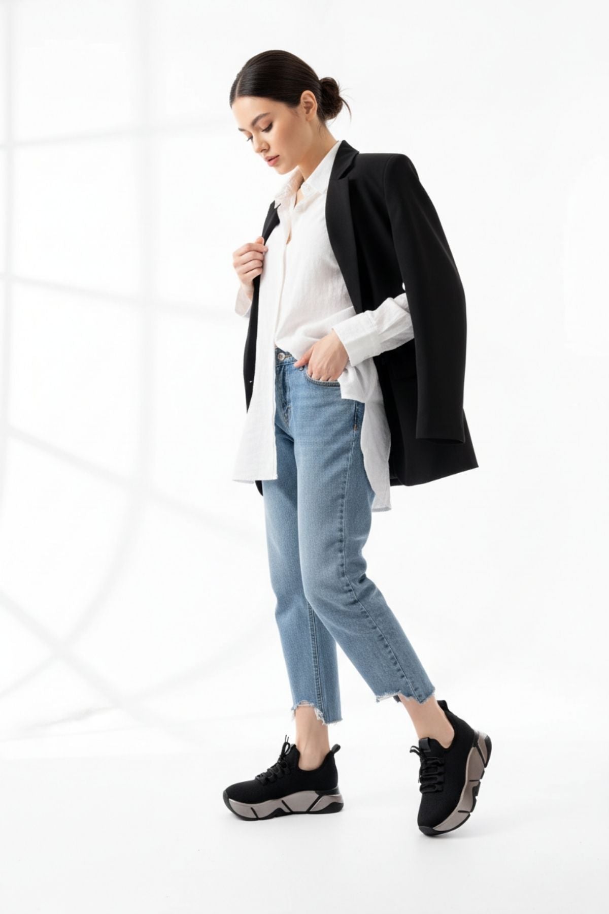 Brumli Siyah Platin Bağcıklı Fileli Renkli Taban Günlük Kadın Spor Ayakkabı RS-400SYHP