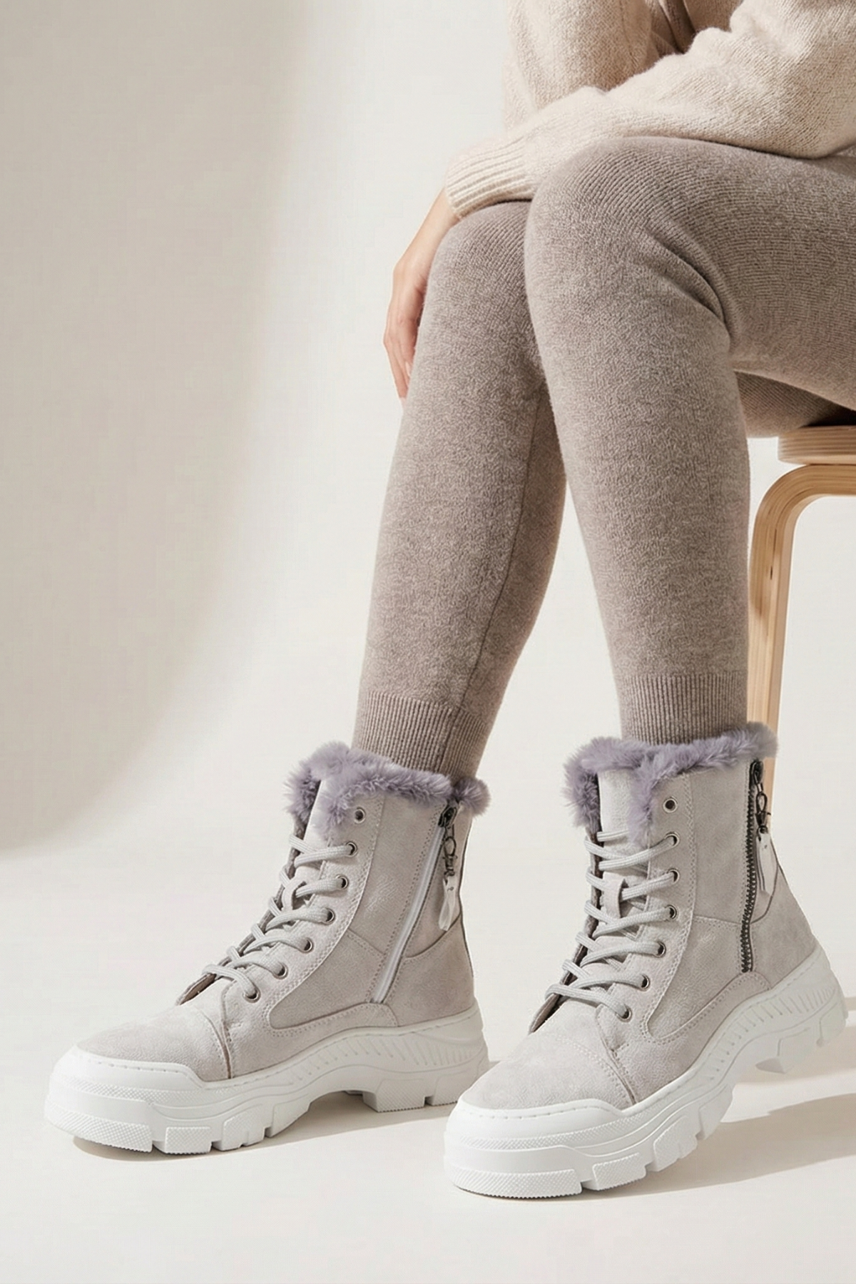 Span Kadın Süet Kürklü Çift Fermuarlı Buz Bot