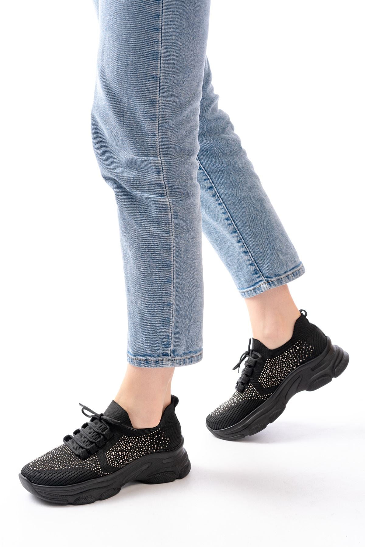 Cendes Kadın Taş İşlemeli Siyah Triko Spor Ayakkabı