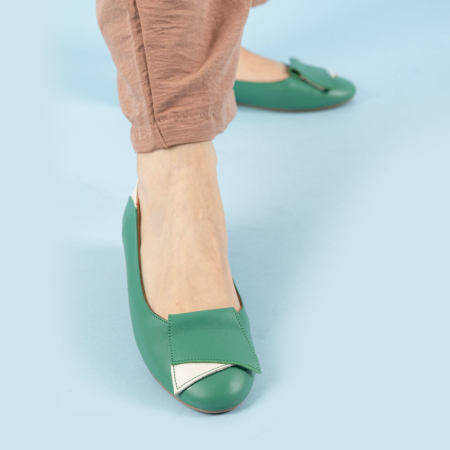 Kuarte Kadın Hakiki Deri Yeşil Bej Babet