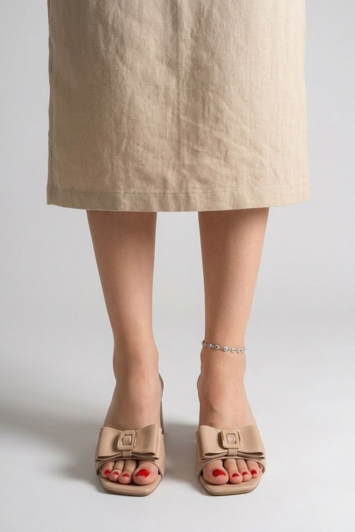 Pier Kadın Nude Tokalı Fiyonk Detaylı Topuklu Terlik