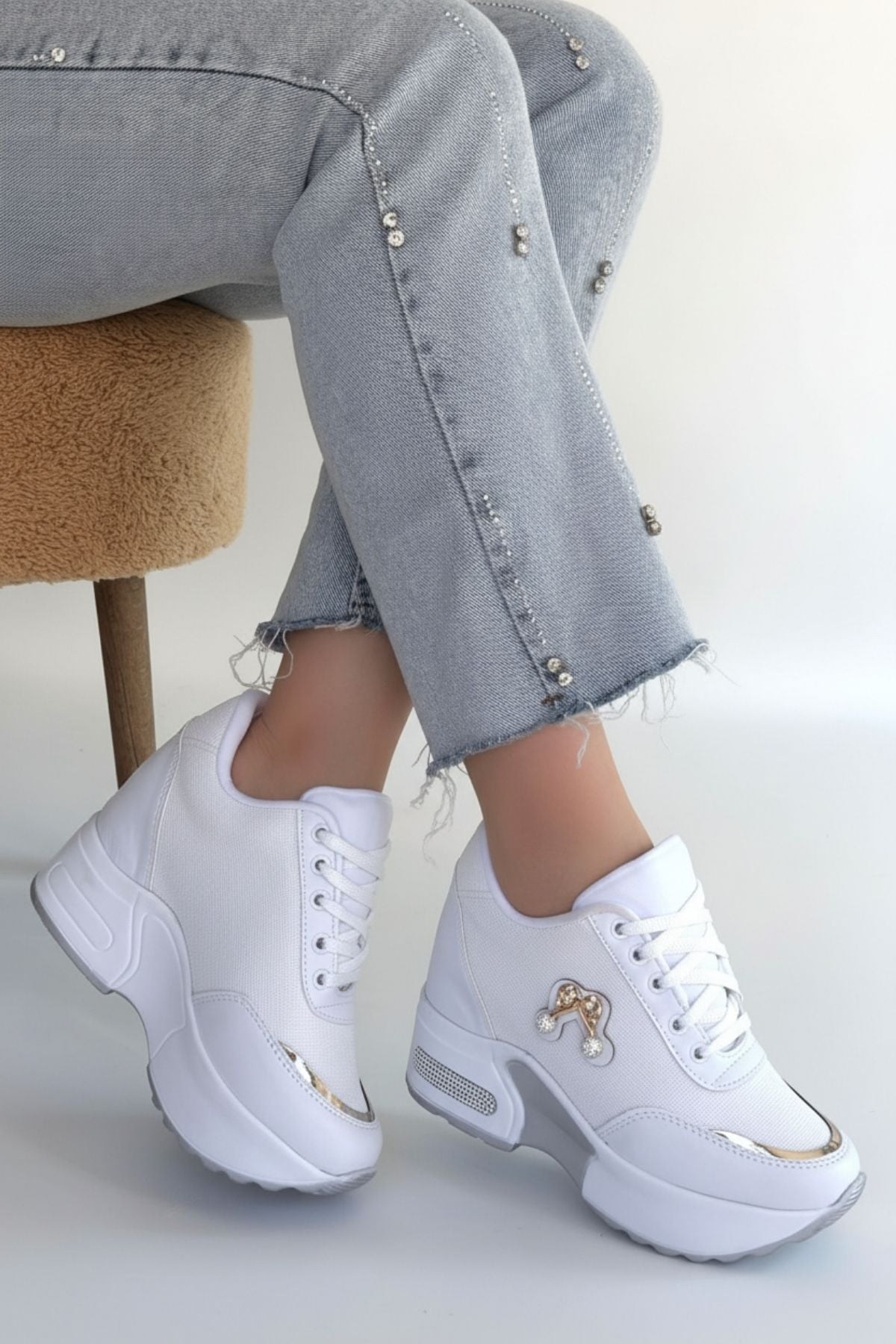Wody Kadın Beyaz Simli Bağcıklı Gizli Topuklu Spor Ayakkabı