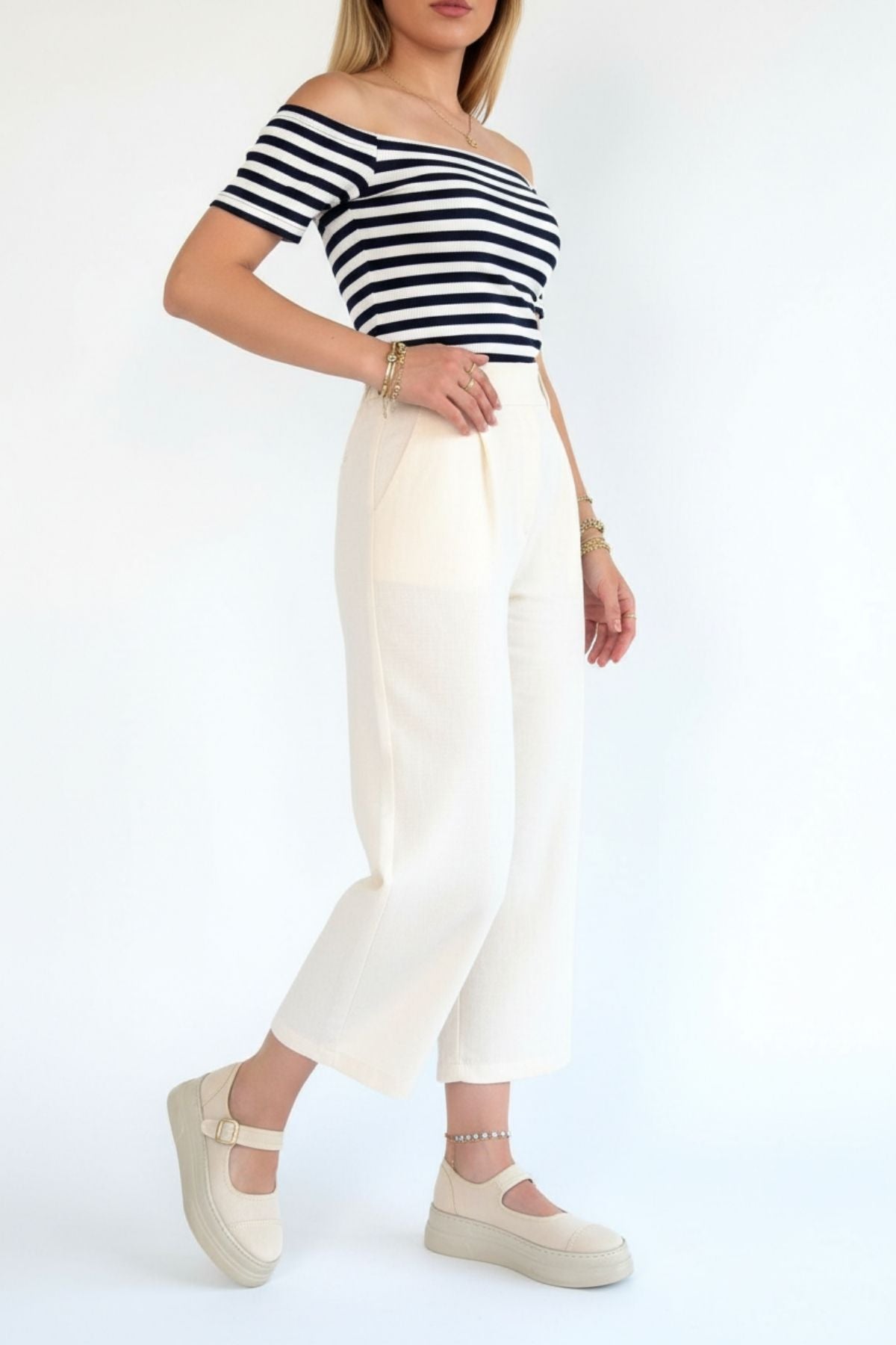 Lunni Kadın Bej Keten Bantlı Babet Ayakkabı