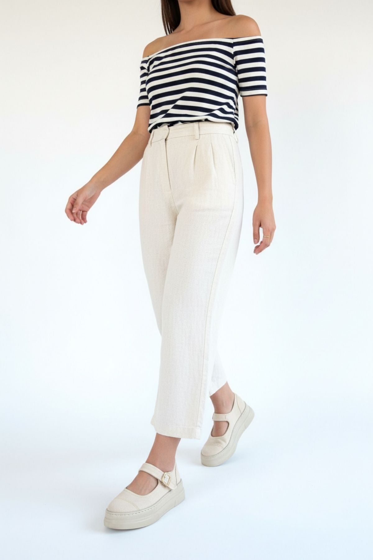 Lunni Kadın Bej Keten Bantlı Babet Ayakkabı