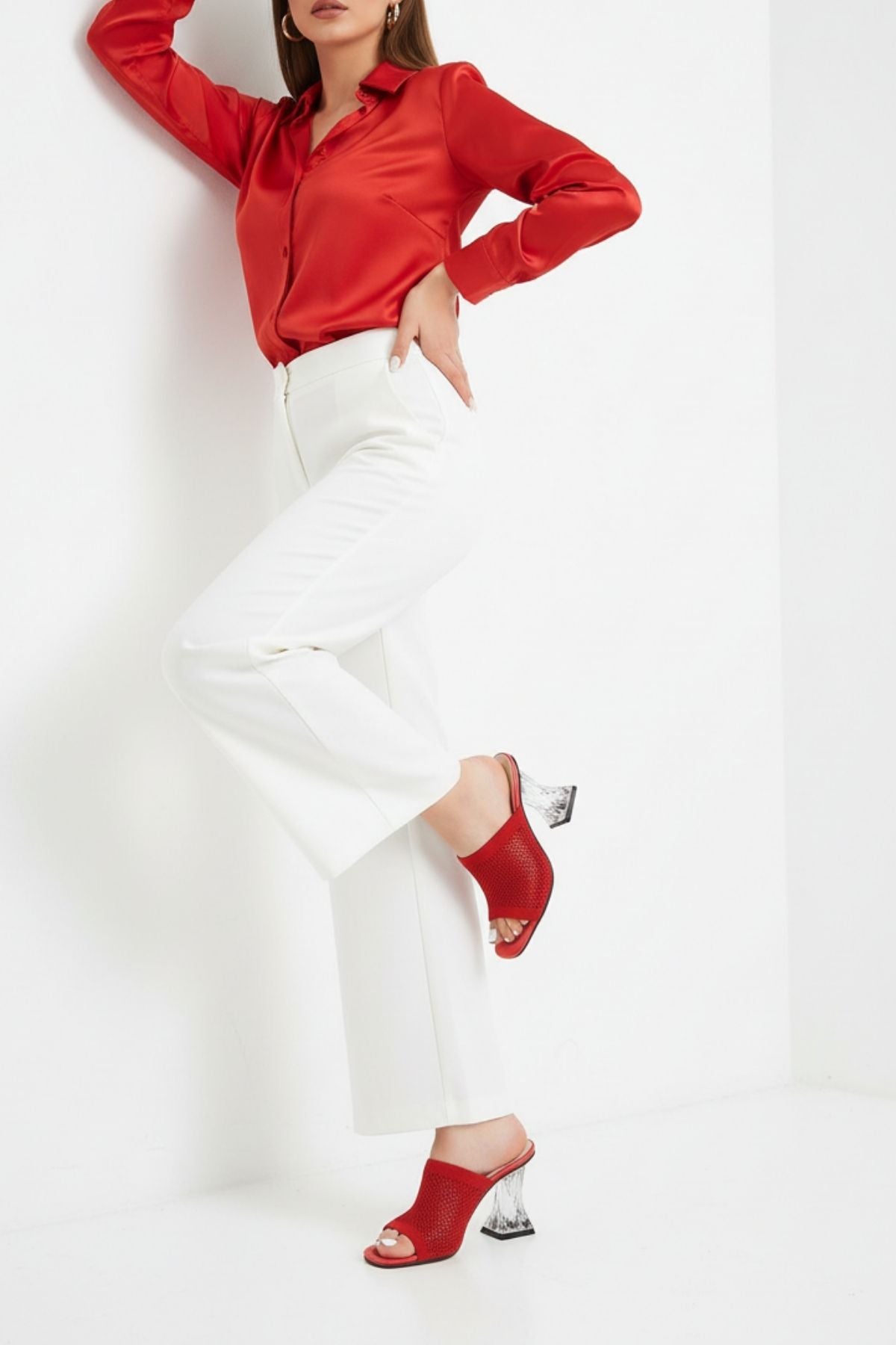 Akva Kadın Kırmızı Triko Şeffaf Topuklu Terlik