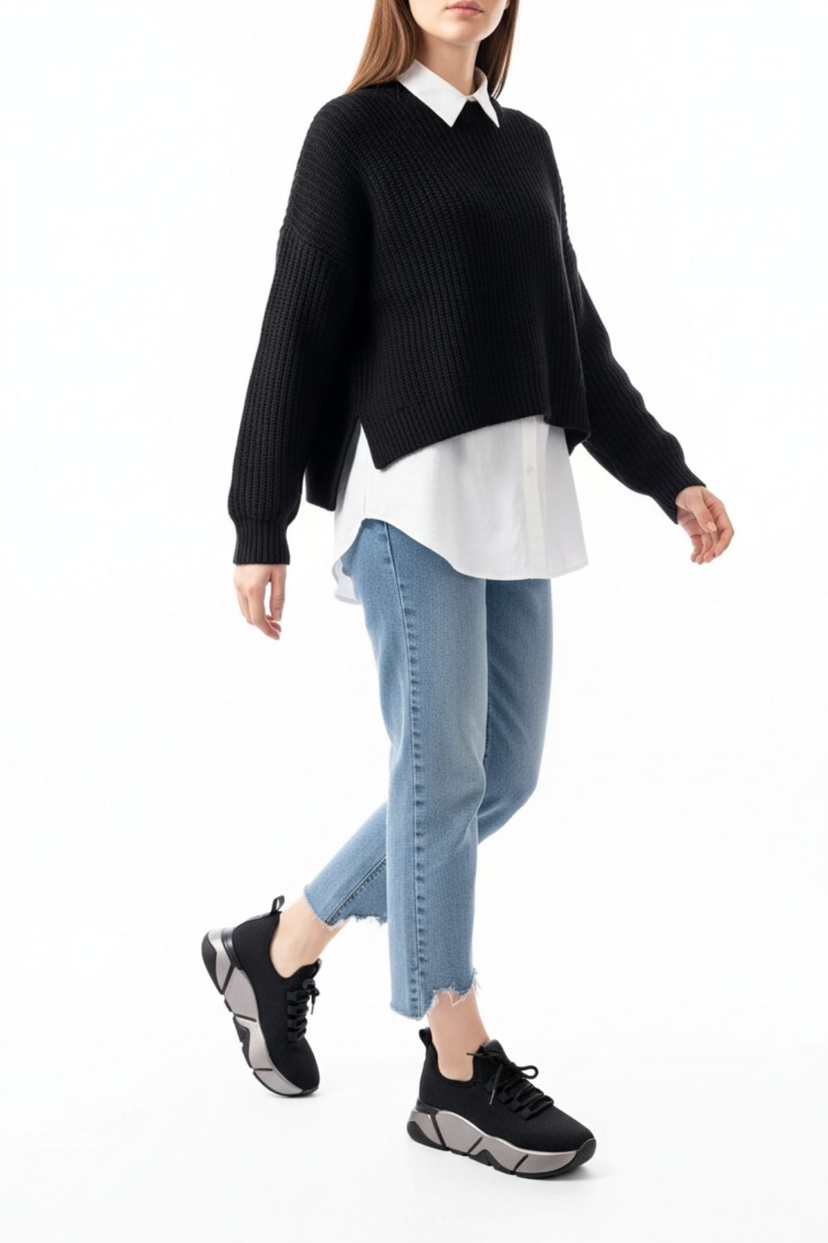 Brumli Siyah Platin Bağcıklı Fileli Renkli Taban Günlük Kadın Spor Ayakkabı RS-400SYHP