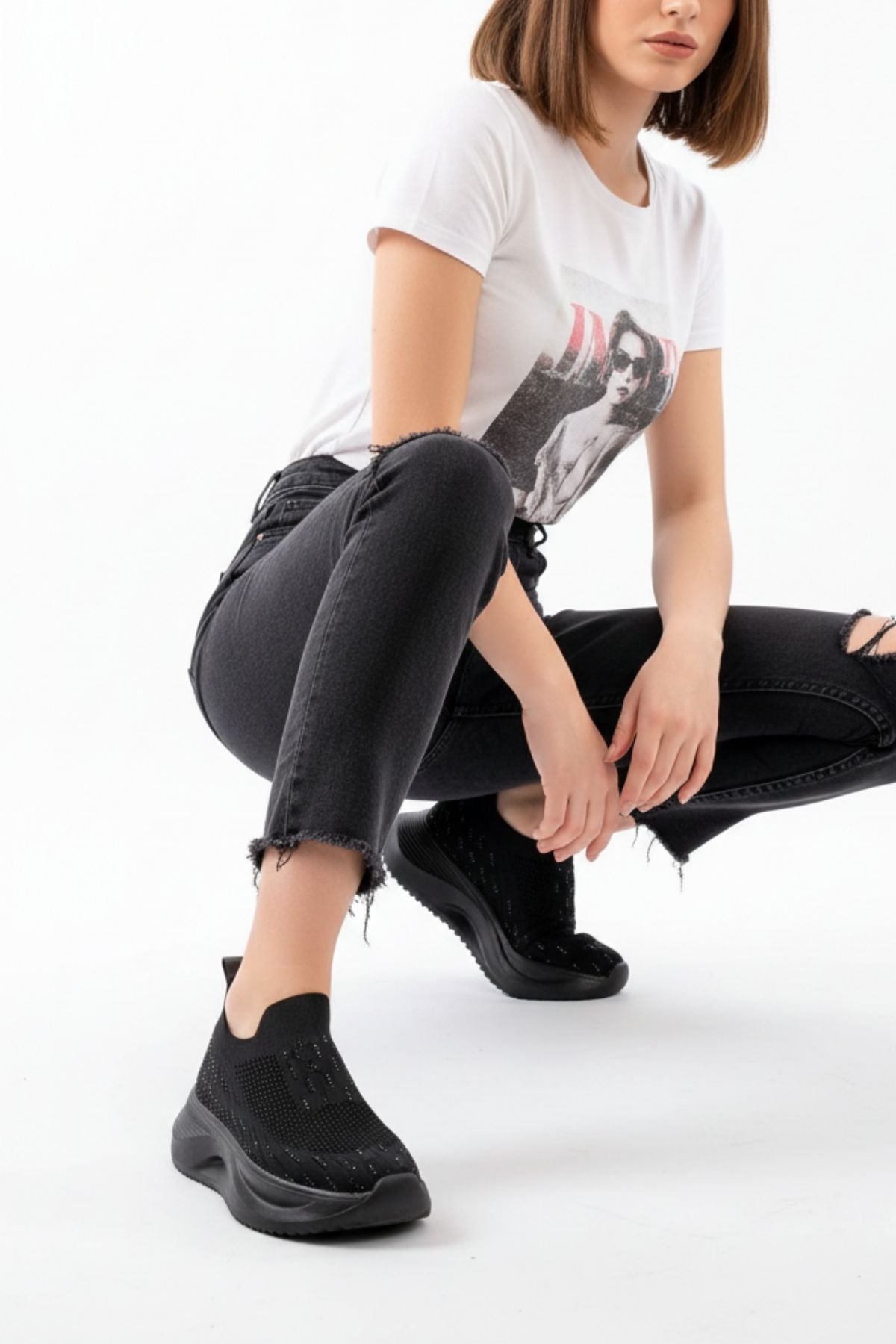 Lahotse Siyah Fileli Faillant Taban Taş Aksesuarlı Günlük Spor Ayakkabı