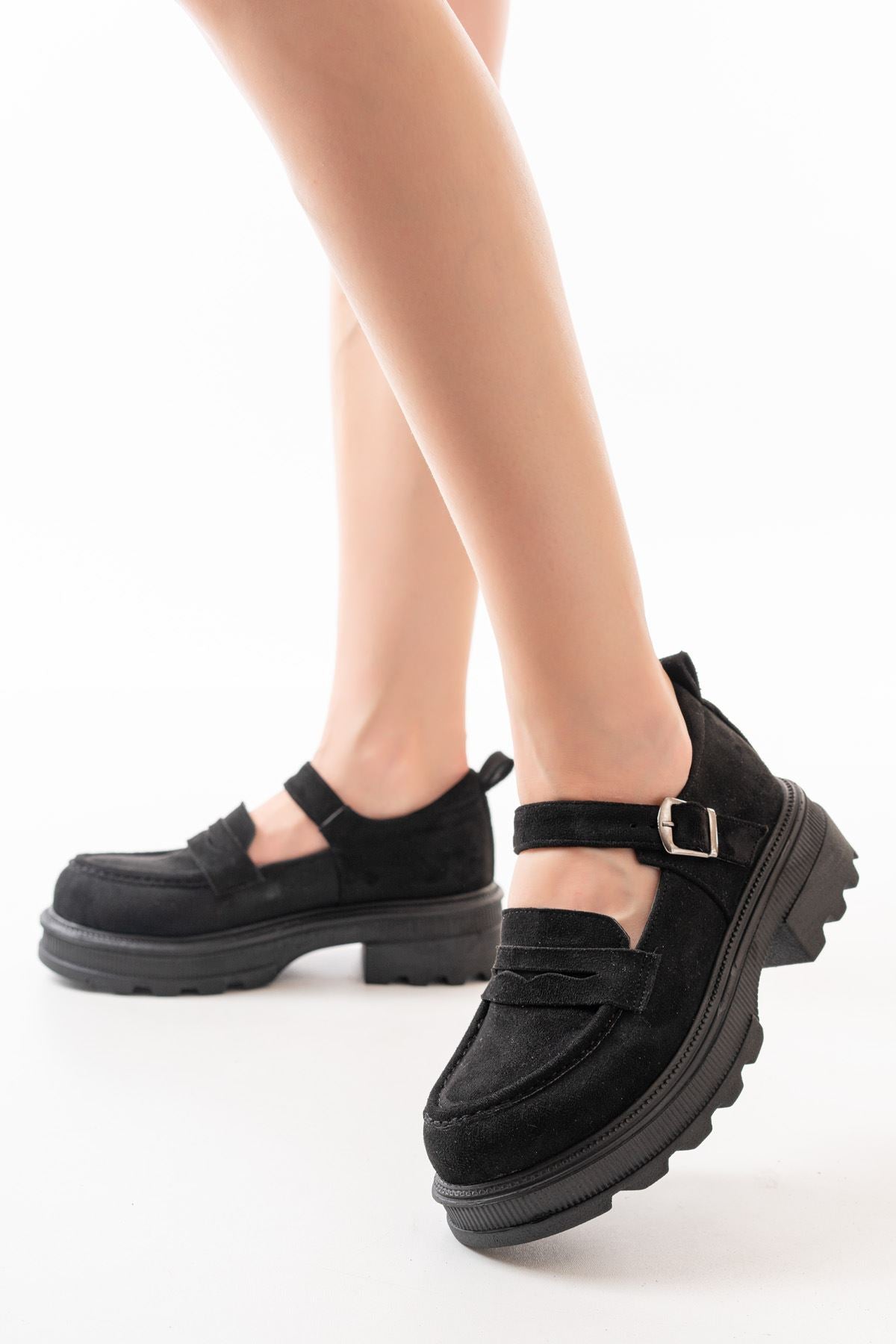 Thalen Siyah Süet Kadın Günlük Yüksek Tabanlı Loafer Ayakkabı