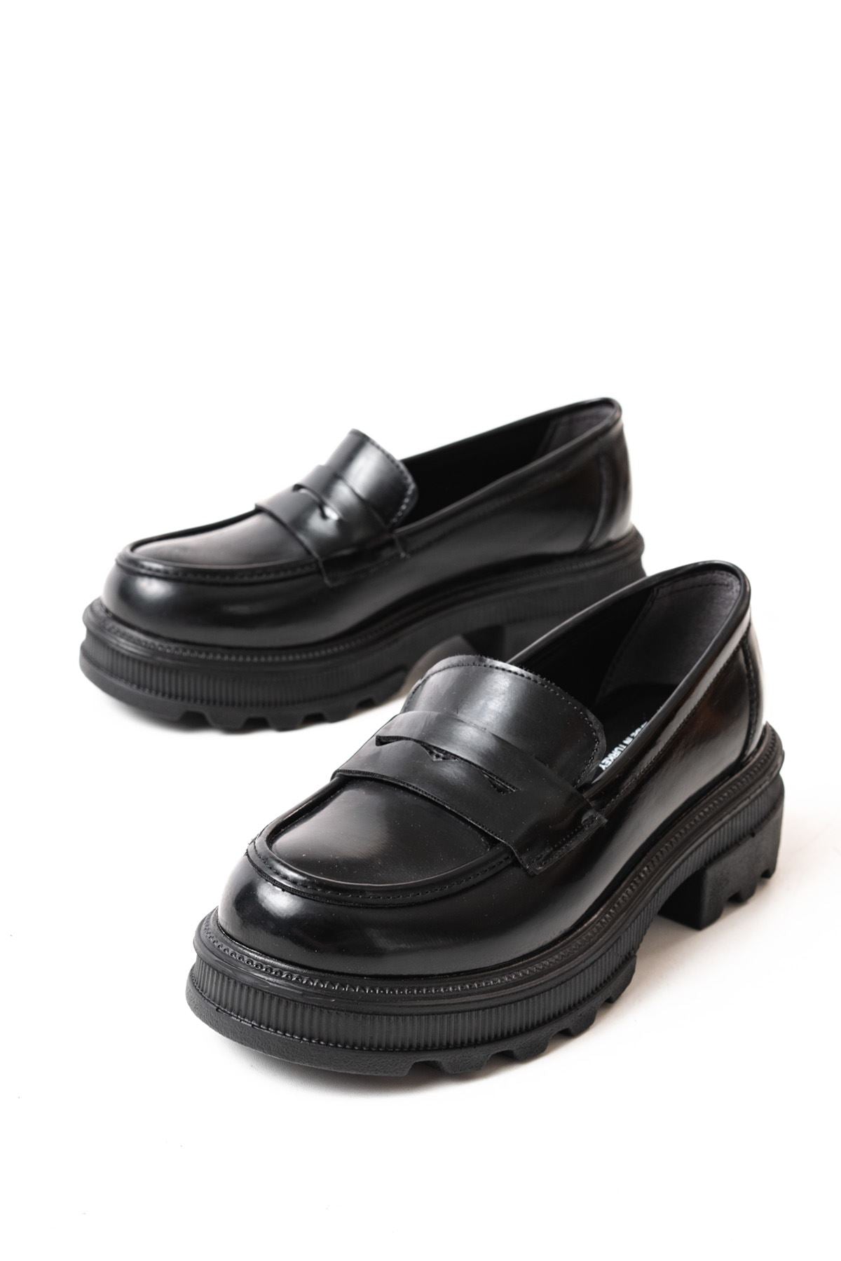 Renesa Siyah Rugan Günlük Yüksek Tabanlı Loafer Ayakkabı