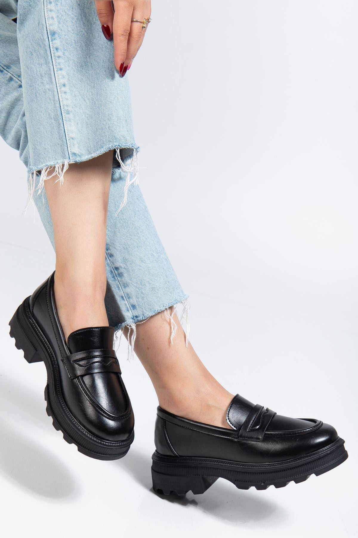 Renesa Siyah Yanki Yüksek Tabanlı Loafer Ayakkabı