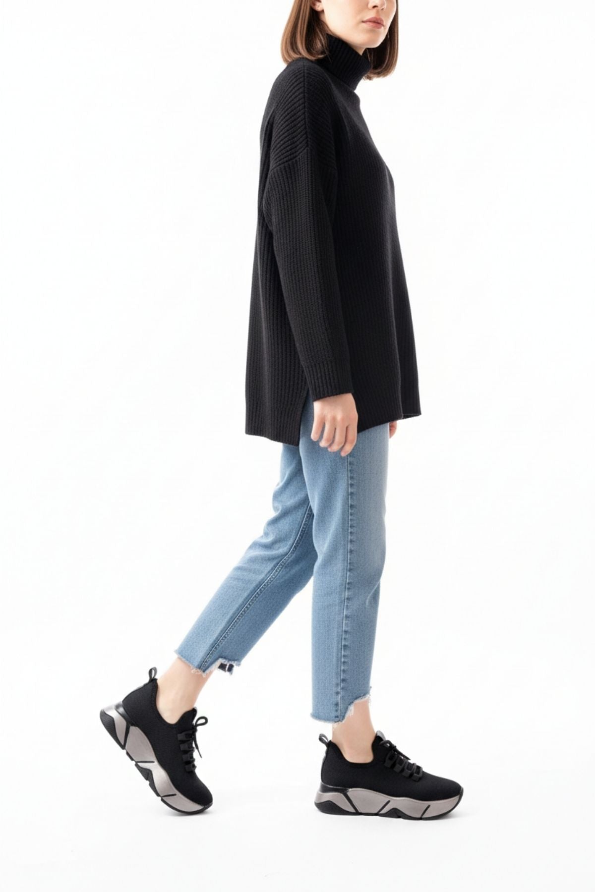 Brumli Siyah Platin Bağcıklı Fileli Renkli Taban Günlük Kadın Spor Ayakkabı RS-400SYHP