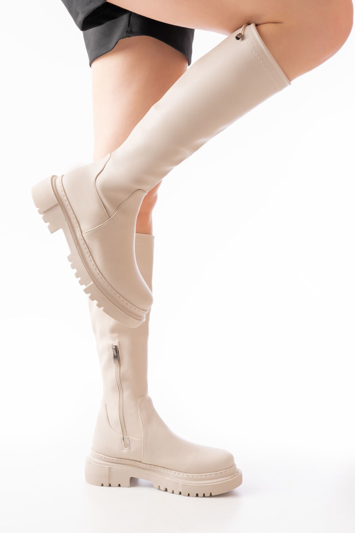 Berthan Bej Streç Fermuarlı Kadın Çizme