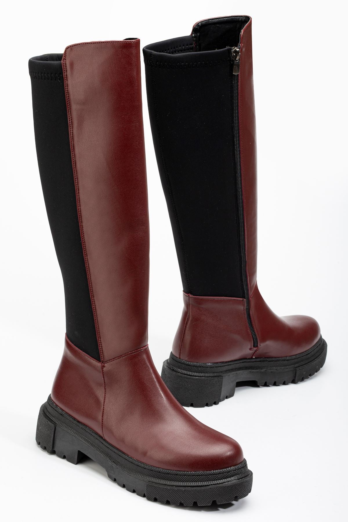 Razye Bordo Arkası Streç Fermuarlı Kadın Çizme 812-305BRD
