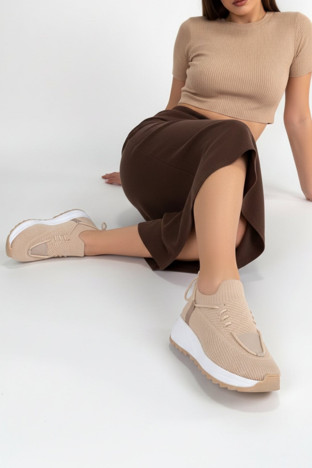 Renji Kadın Bej Triko Bağcıklı Spor Ayakkabı