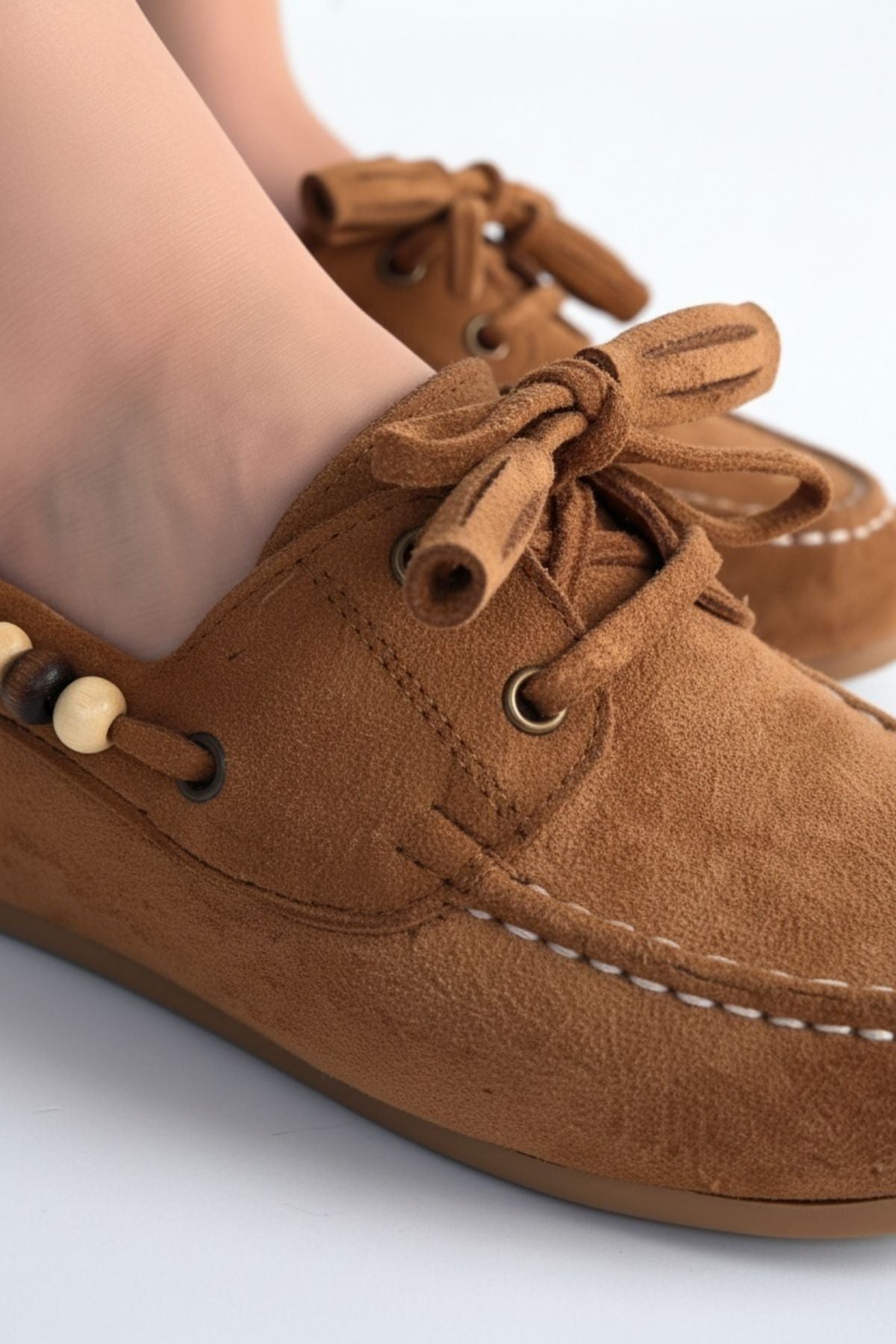 Elora Kadın Taba Süet Boncuk Detaylı Babet