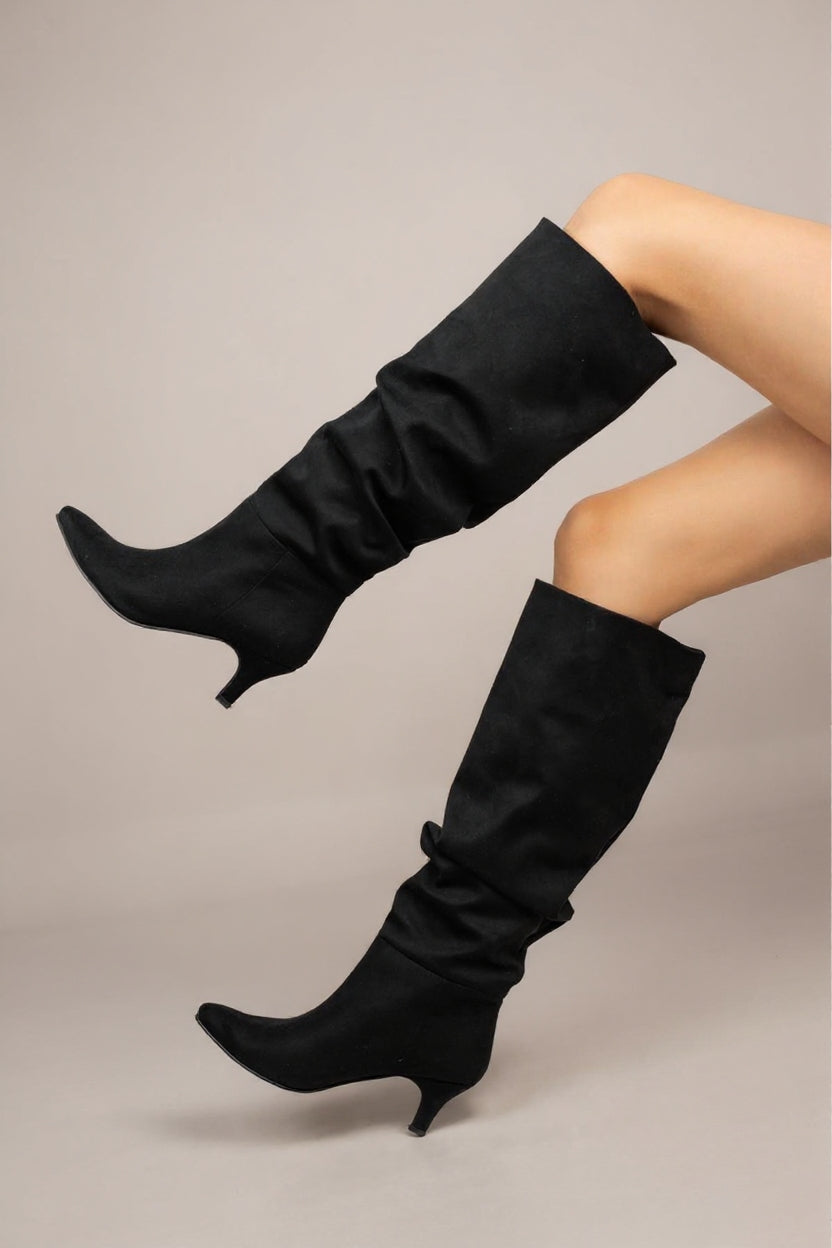 Aybin Siyah Süet Körüklü İnce Topuklu Kadın Çizme
