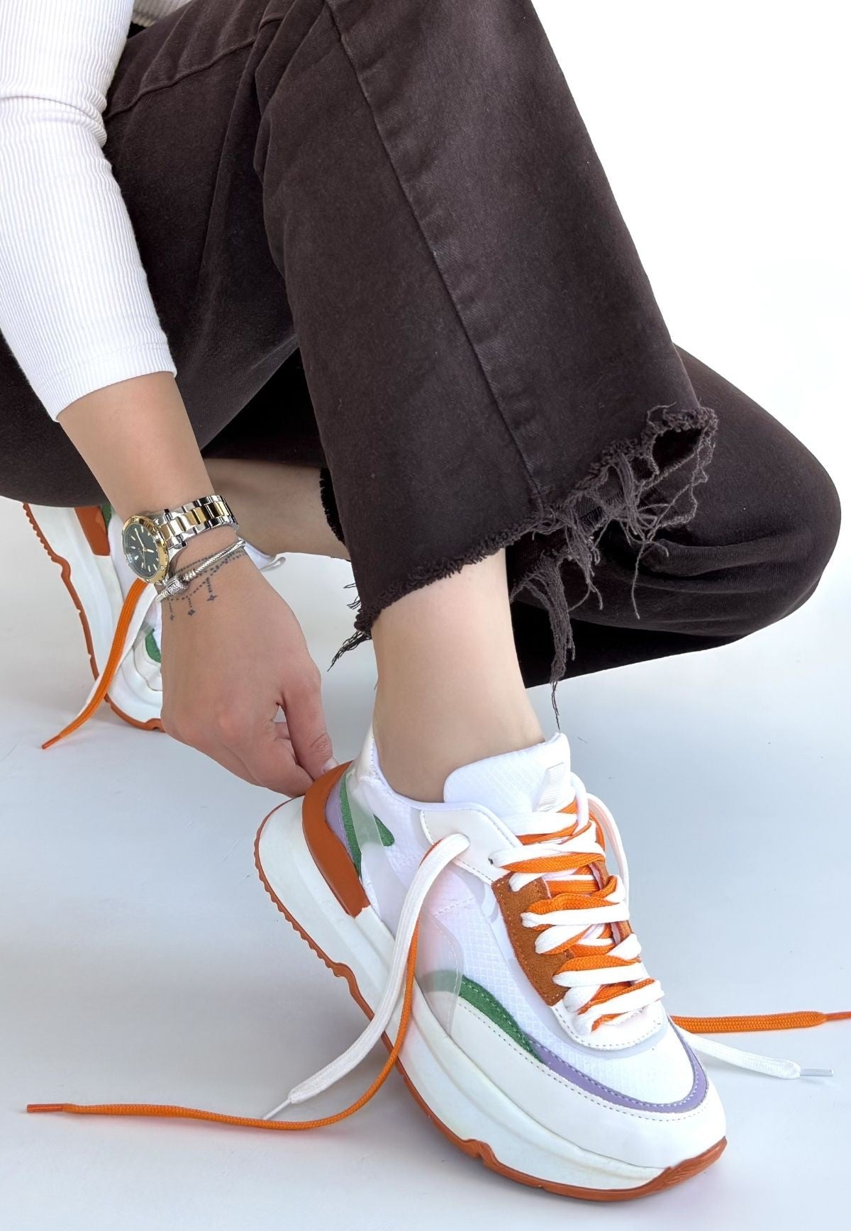 Aleh Kadın Beyaz Turuncu Detaylı Çift Bağcıklı Spor Ayakkabı