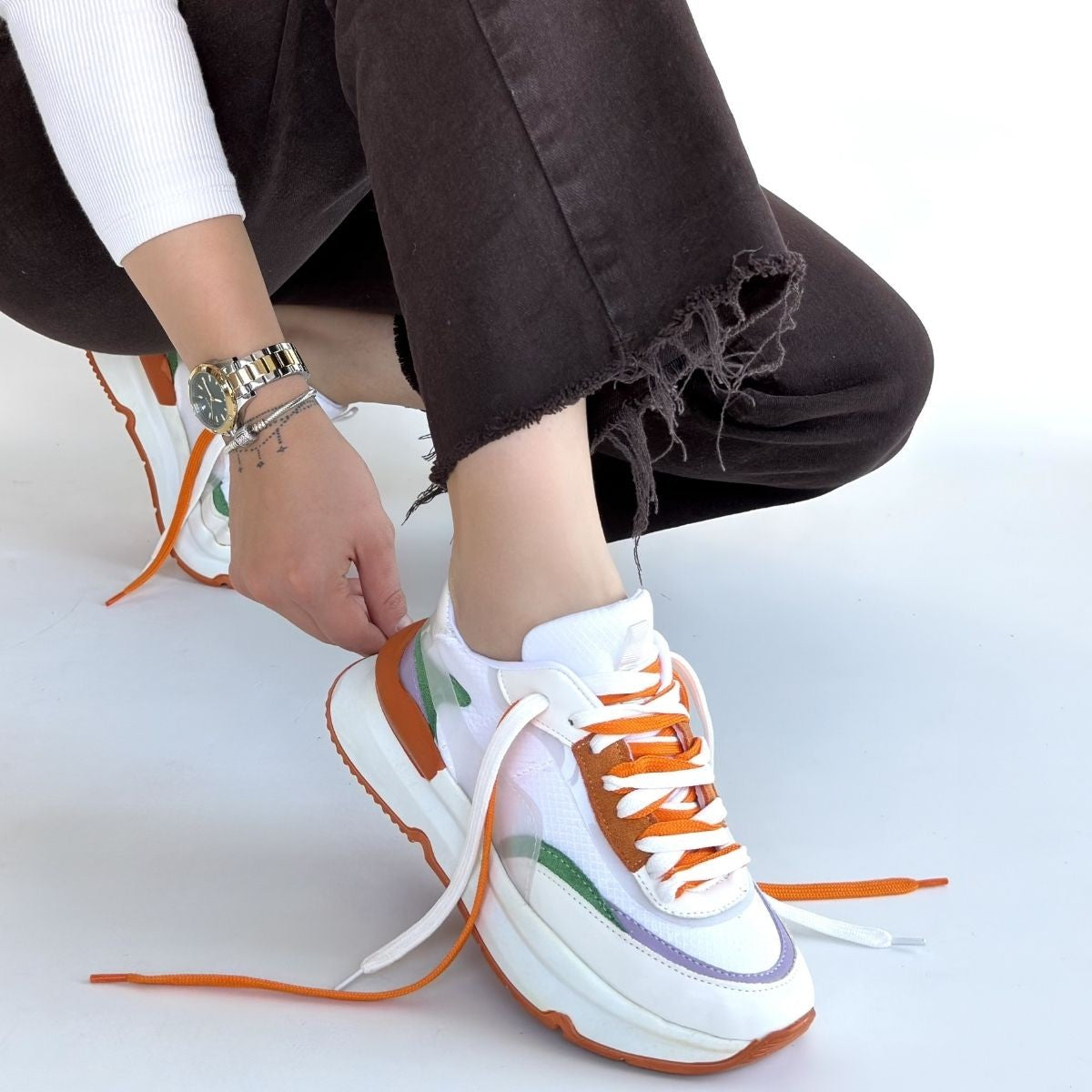 Aleh Kadın Beyaz Turuncu Detaylı Çift Bağcıklı Spor Ayakkabı