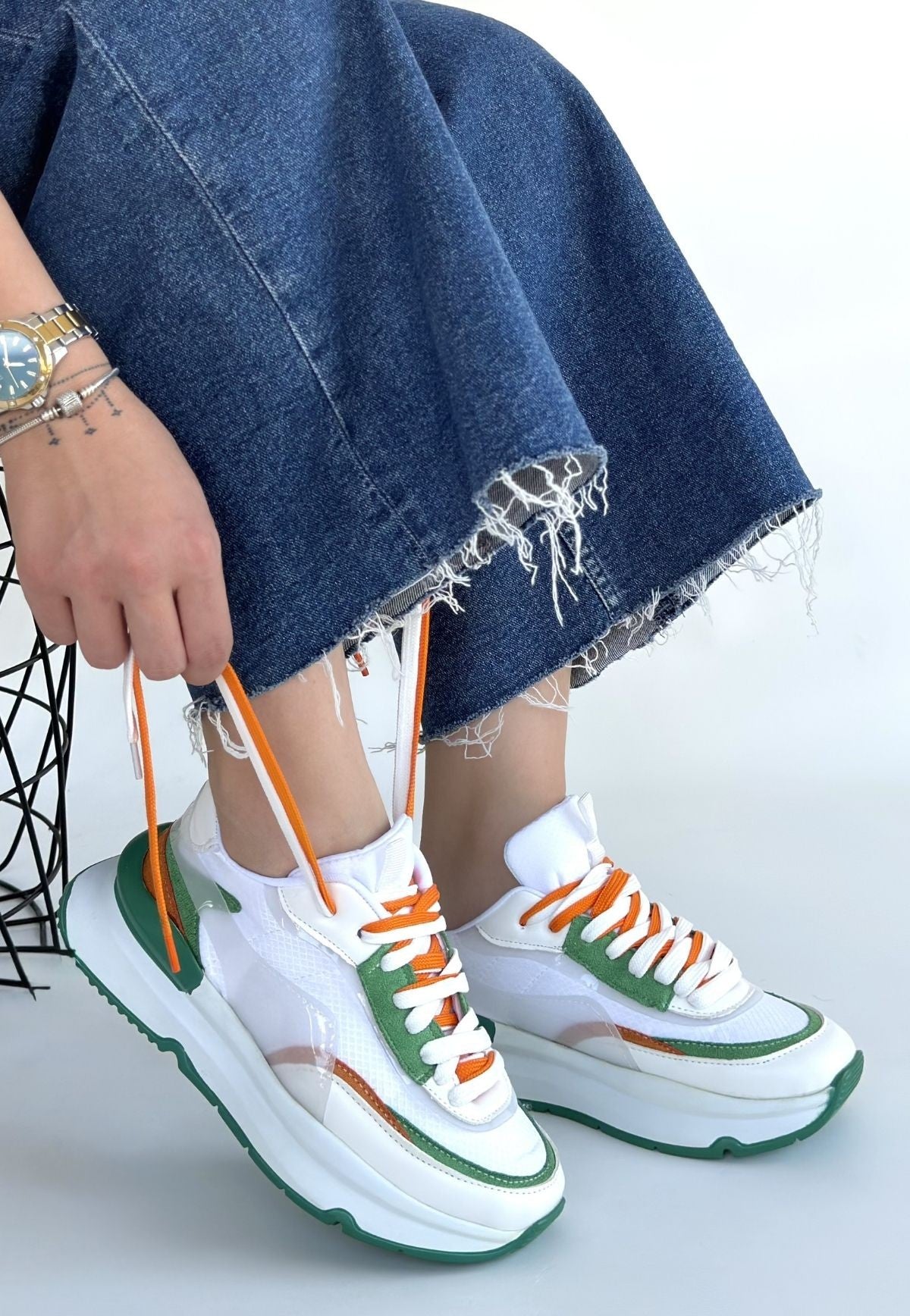 Aleh Kadın Beyaz Yeşil Detaylı Çift Bağcıklı Spor Ayakkabı