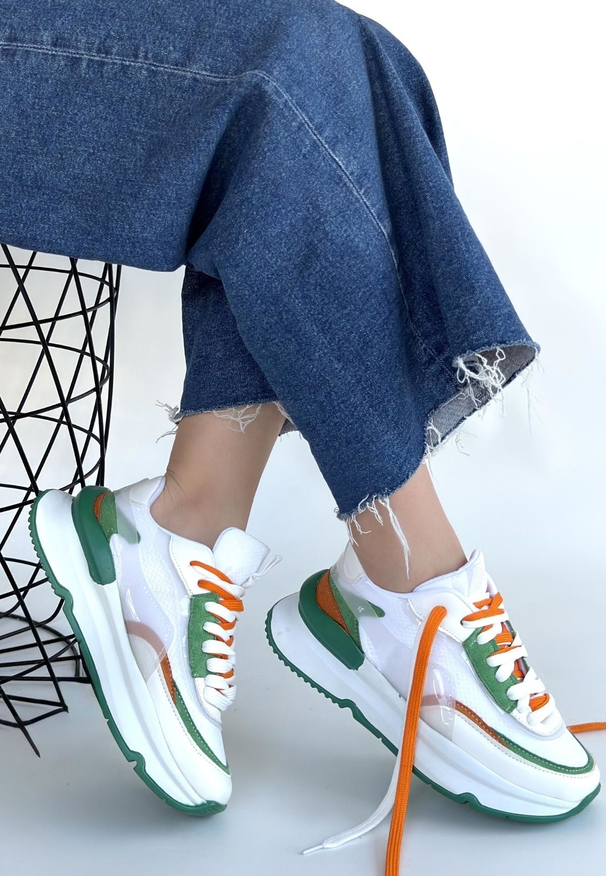 Aleh Kadın Beyaz Yeşil Detaylı Çift Bağcıklı Spor Ayakkabı