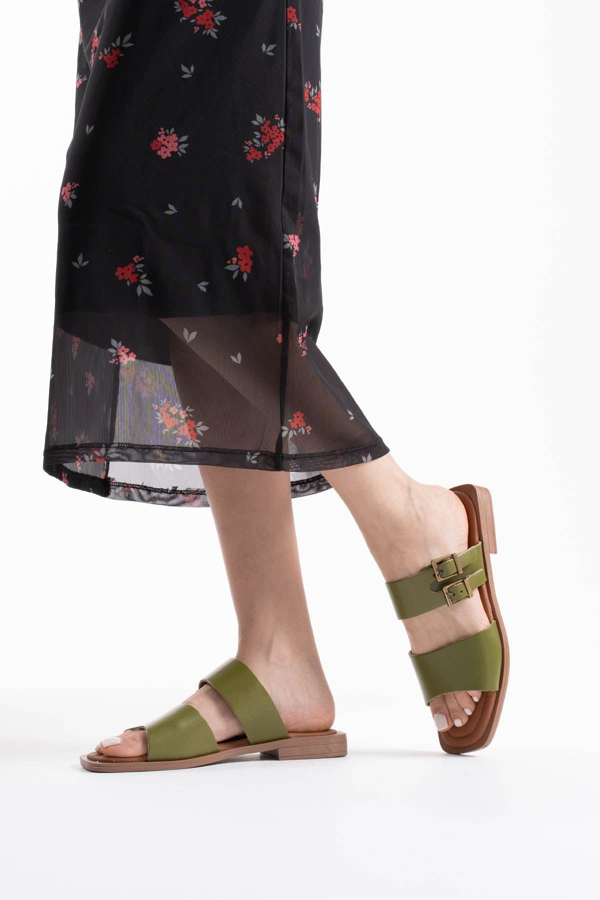 Alessi Kadın Tokalı Hakiki Deri Haki Yeşili Terlik