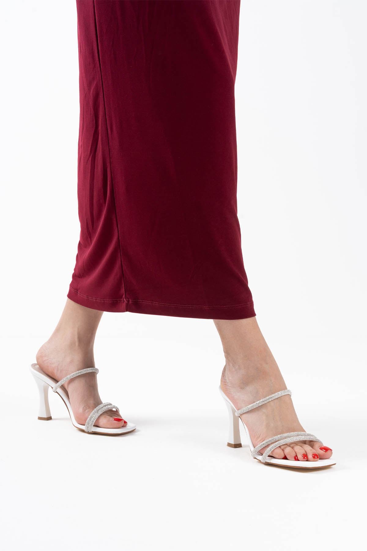 Alvina Kadın Beyaz Taşlı İnce Bantlı Topuklu Abiye Ayakkabı