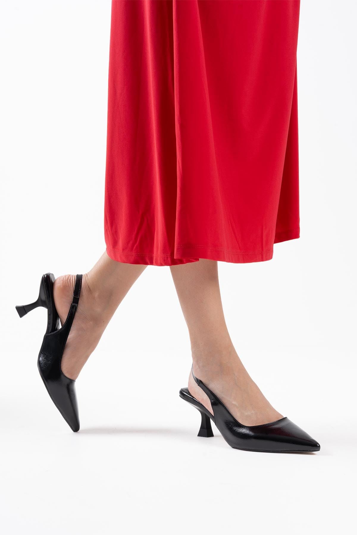 Angelica Kadın Siyah Kırışık Rugan Topuklu Ayakkabı