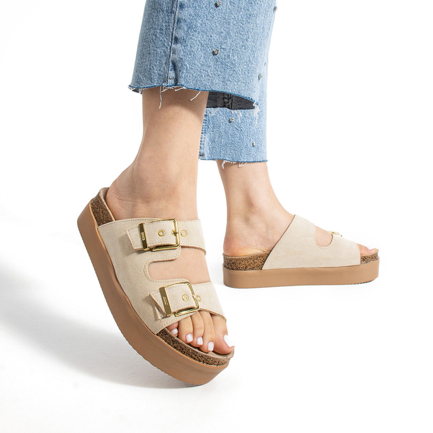 Blake Kadın Ayarlanabilir Tokalı Ten Süet Terlik