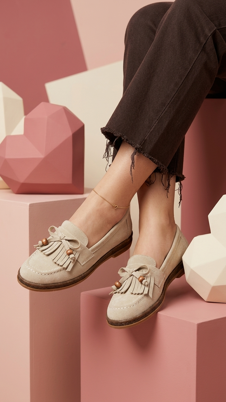 Boriy Kadın Bej Deri Tozu Süet Babet Ayakkabı